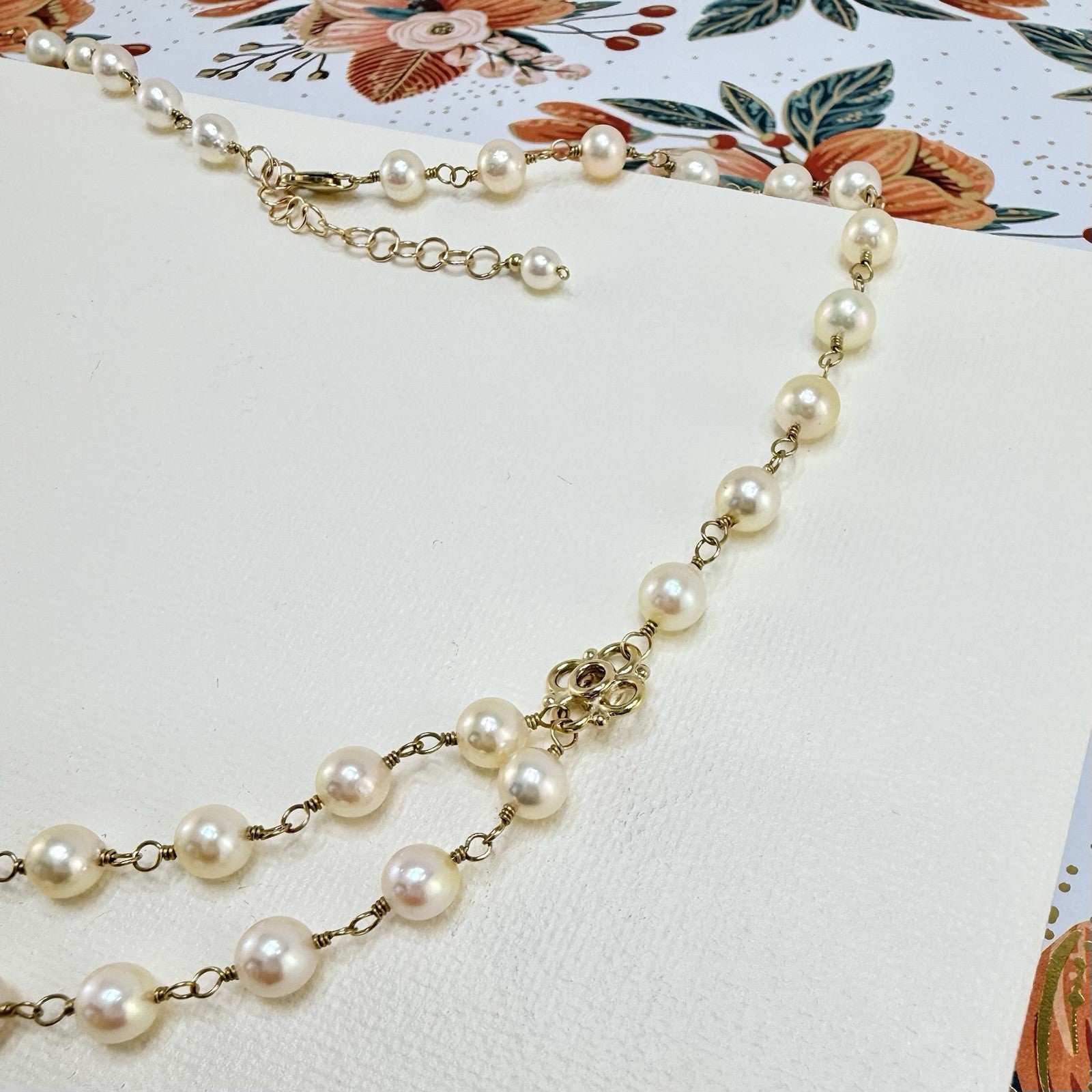 14k Yellow Gold Genuine Akoya Cultured Pearls Handcrafted Necklace, 17-18.75"