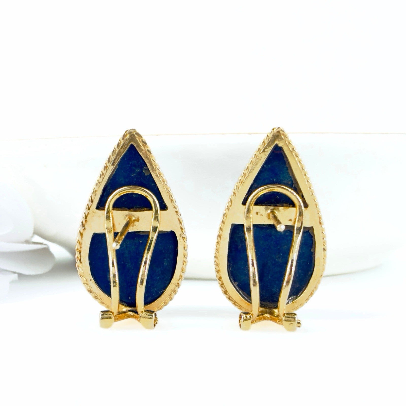 14k Yellow Gold Dark Blue Lapis Lazuli Omega Back Earrings, Preowned