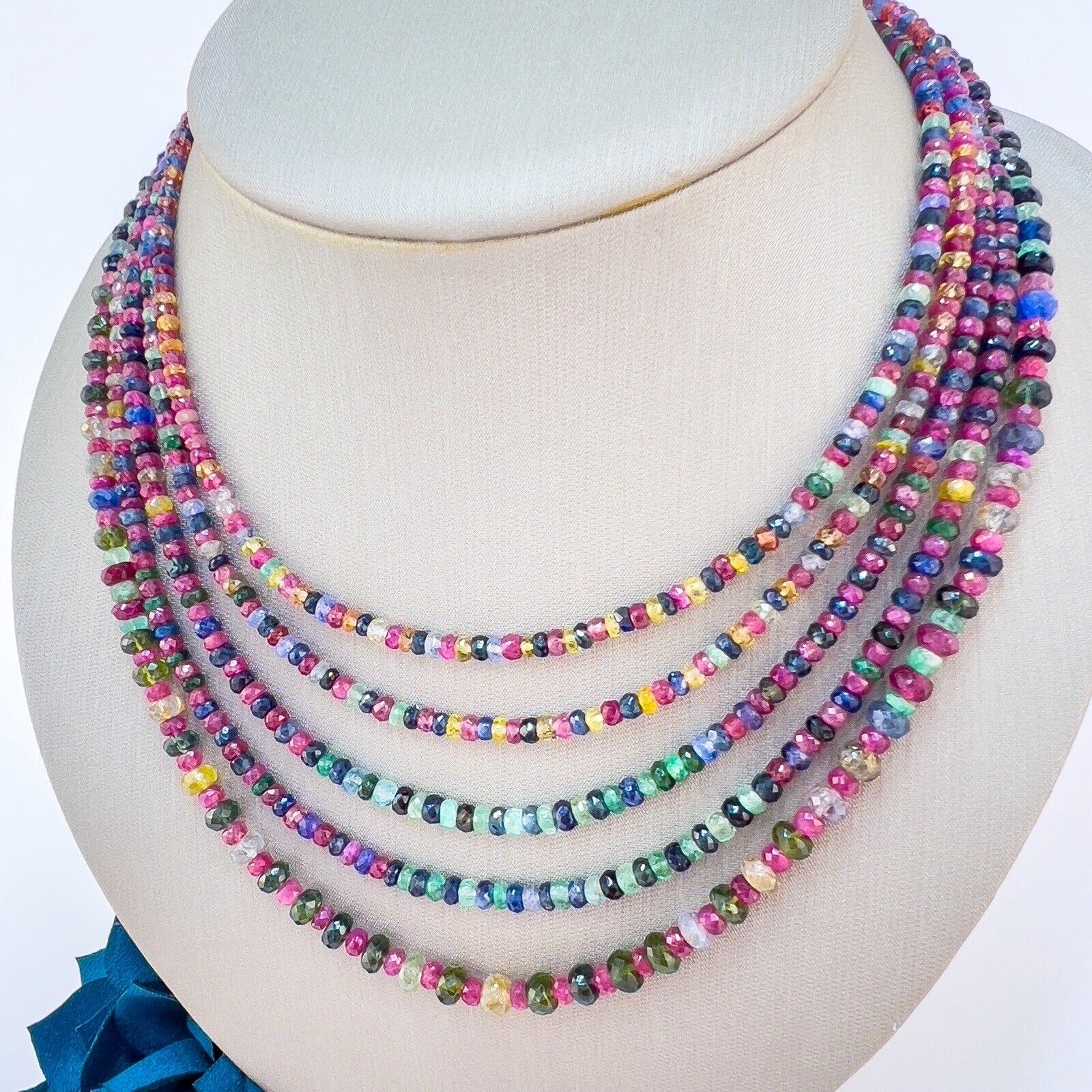 Genuine Multicolor Sapphire, Ruby & Emerald 14K Yellow Gold Necklace, New 82"