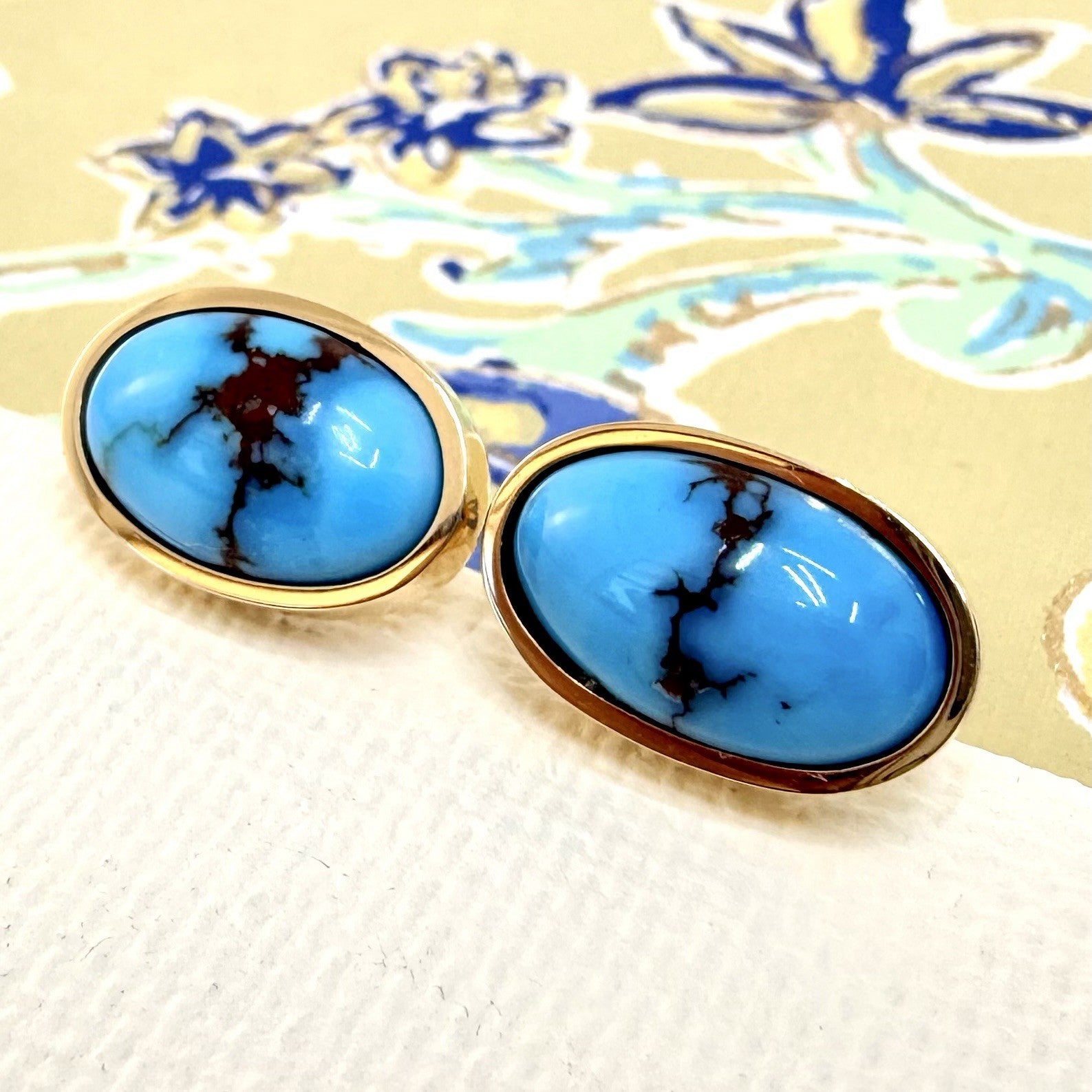 14k Yellow Gold Egyptian Turquoise Custom Made Stud Earrings, New Pair #1