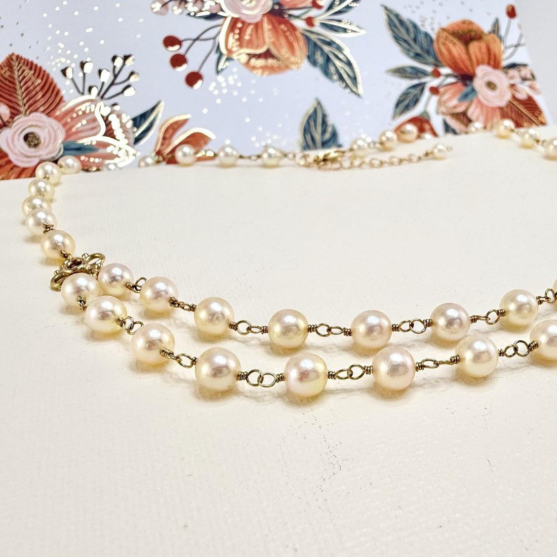 14k Yellow Gold Genuine Akoya Cultured Pearls Handcrafted Necklace, 17-18.75"