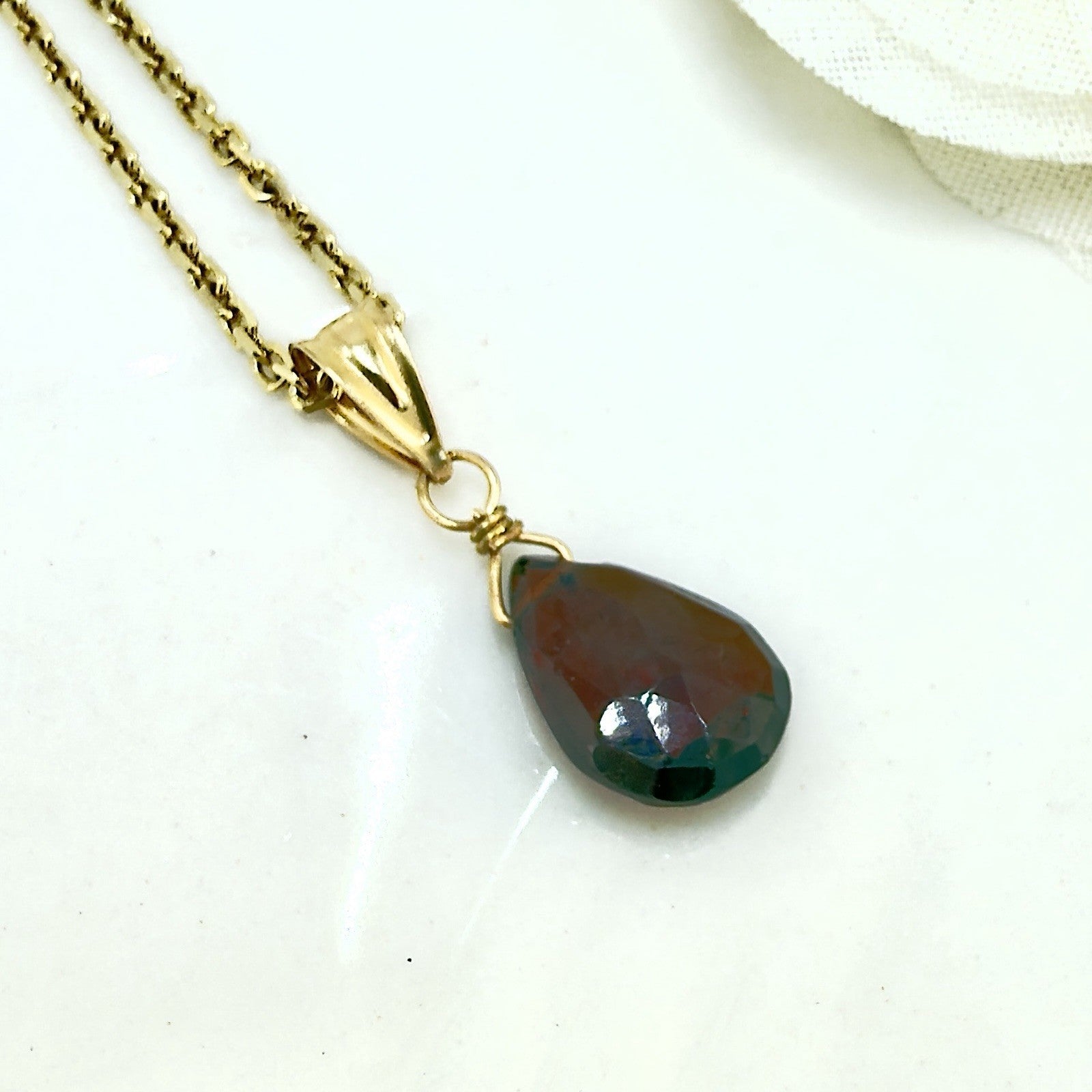 14k Yellow Gold Genuine Garnet Drop Pendant, 0.75" New