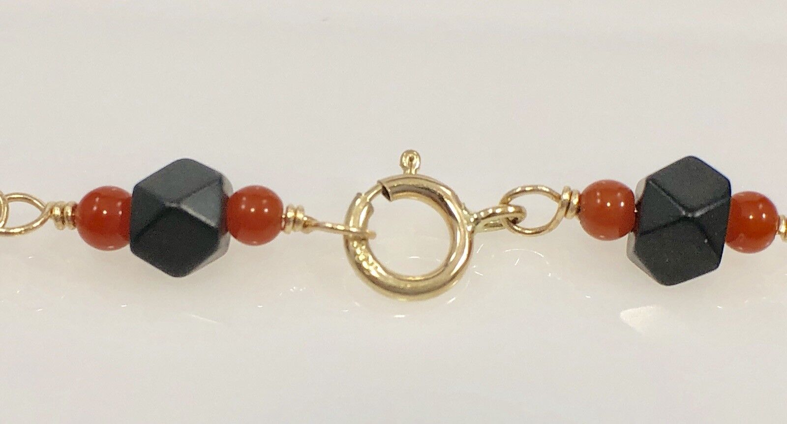 Azabache & Coral Solid 14K Gold Baby Bracelet,5" Oro 14k Pulsera Bebe