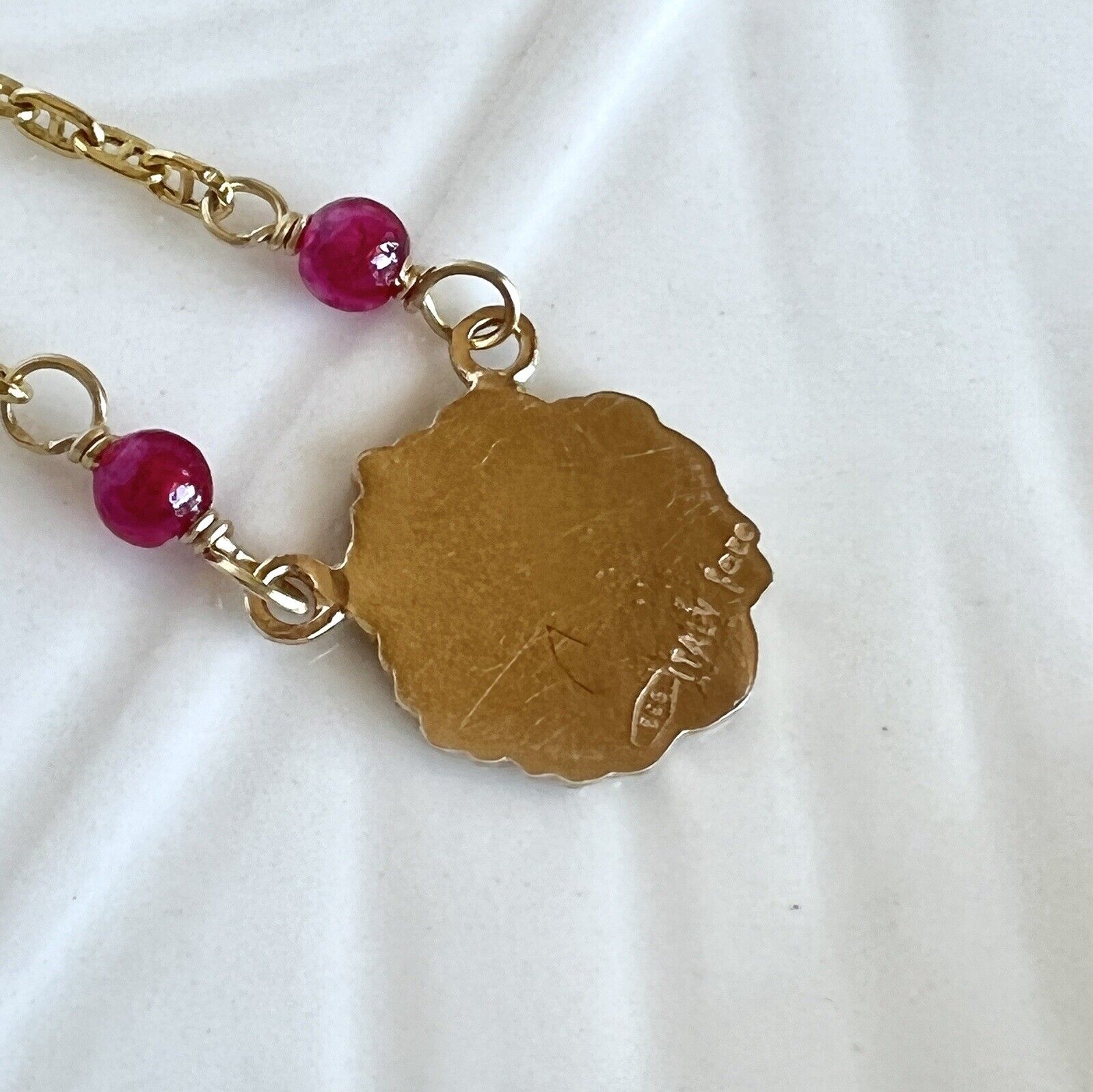 Solid 14k Yellow Gold and Lab Created Ruby (5.6ctw) Angel Necklace, New, 17.25"