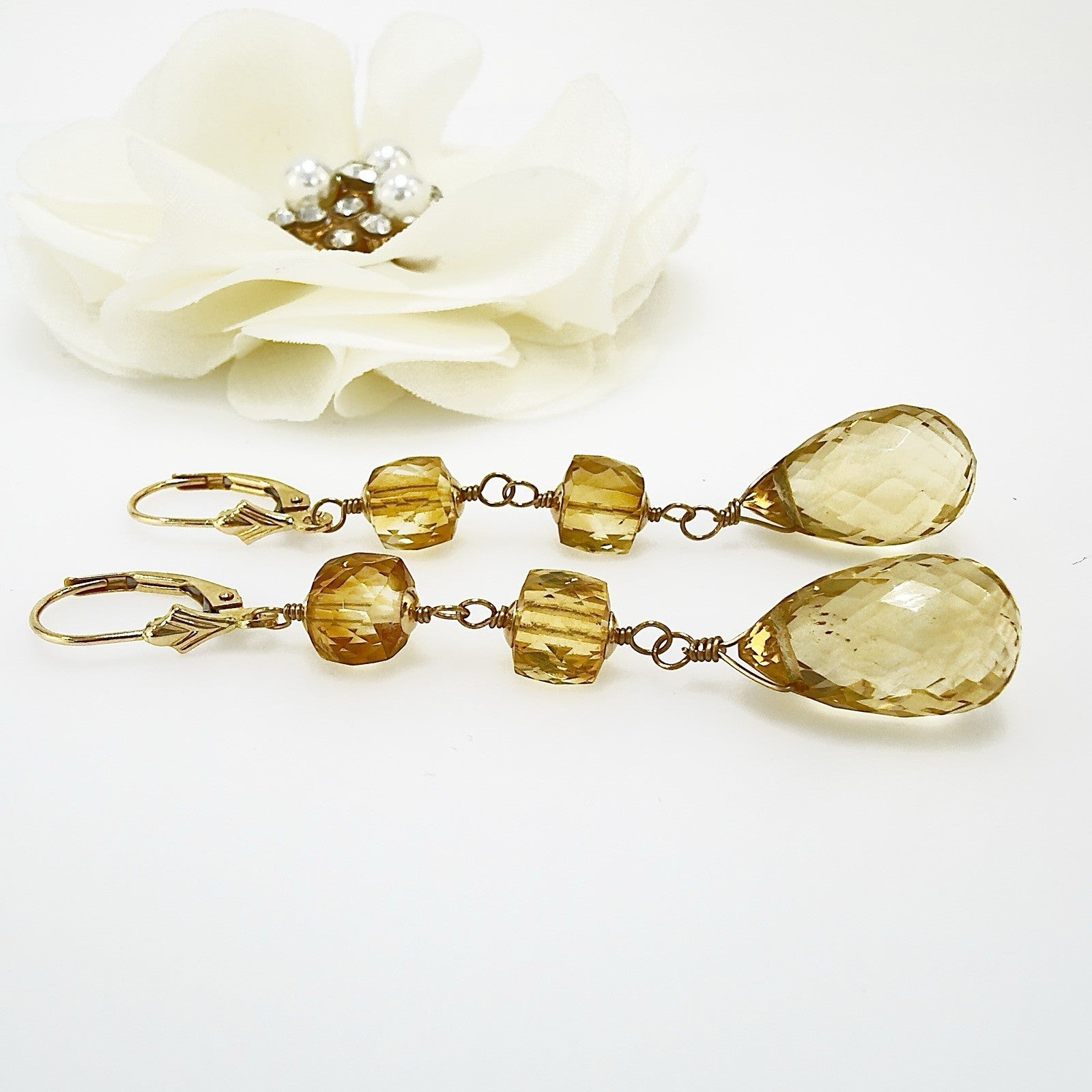 14k Yellow Gold Genuine Citrine Dangle/Drop Lever-back Earrings, 2.5"