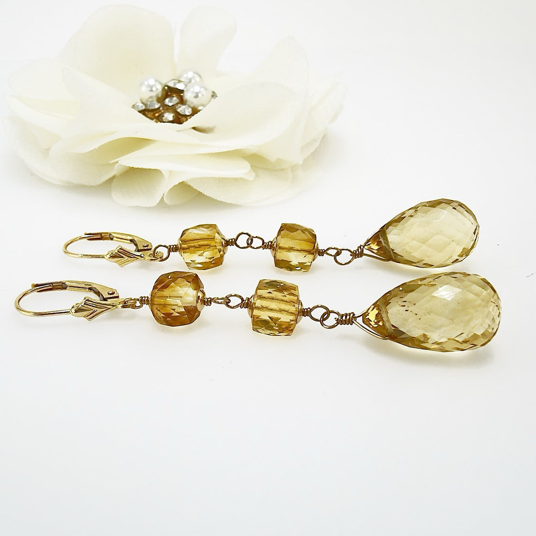 14k Yellow Gold Genuine Citrine Dangle/Drop Lever-back Earrings, 2.5"