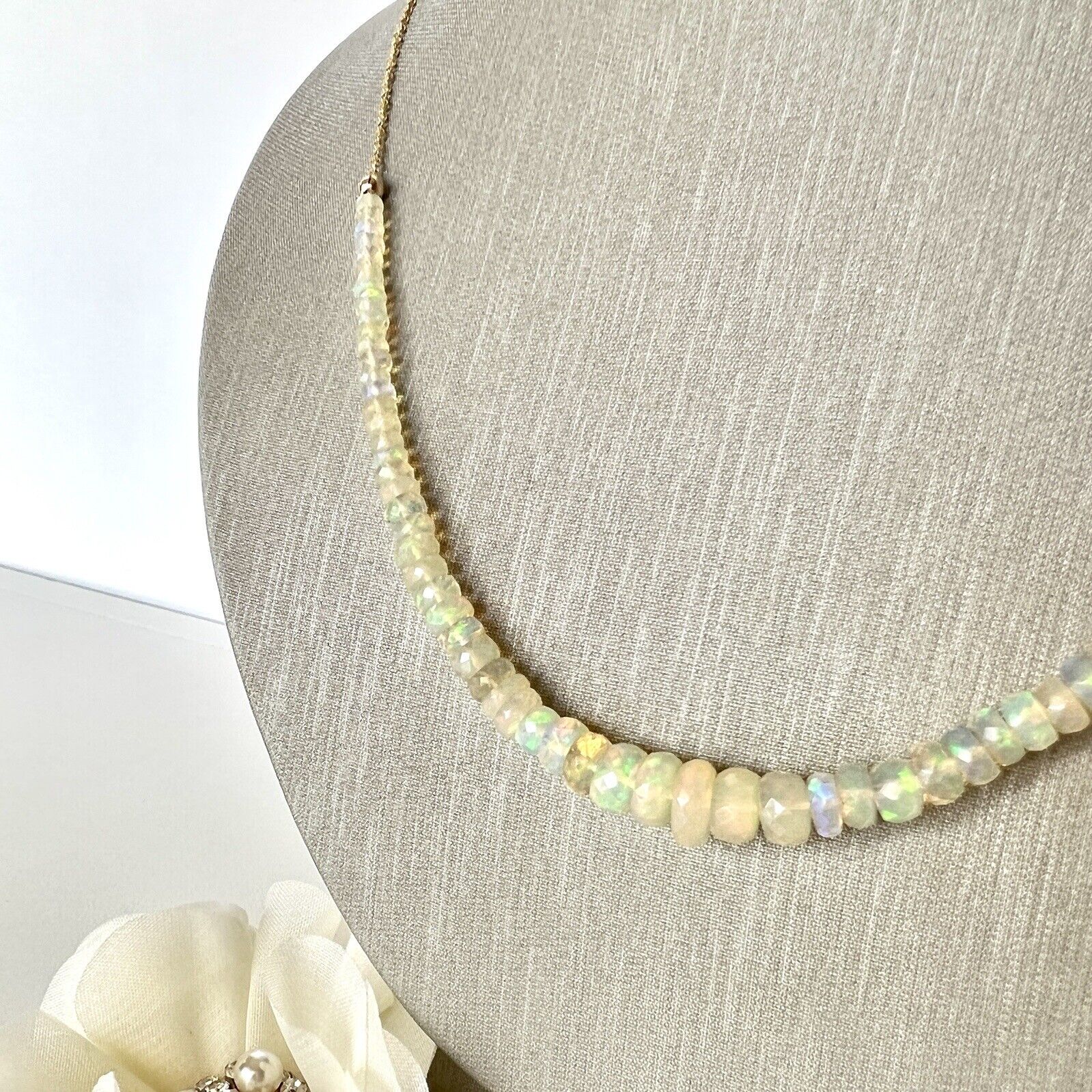 Genuine Opal (21.3ct) Solid 14k Yellow Gold Bead/Chain Necklace, New 19.5"