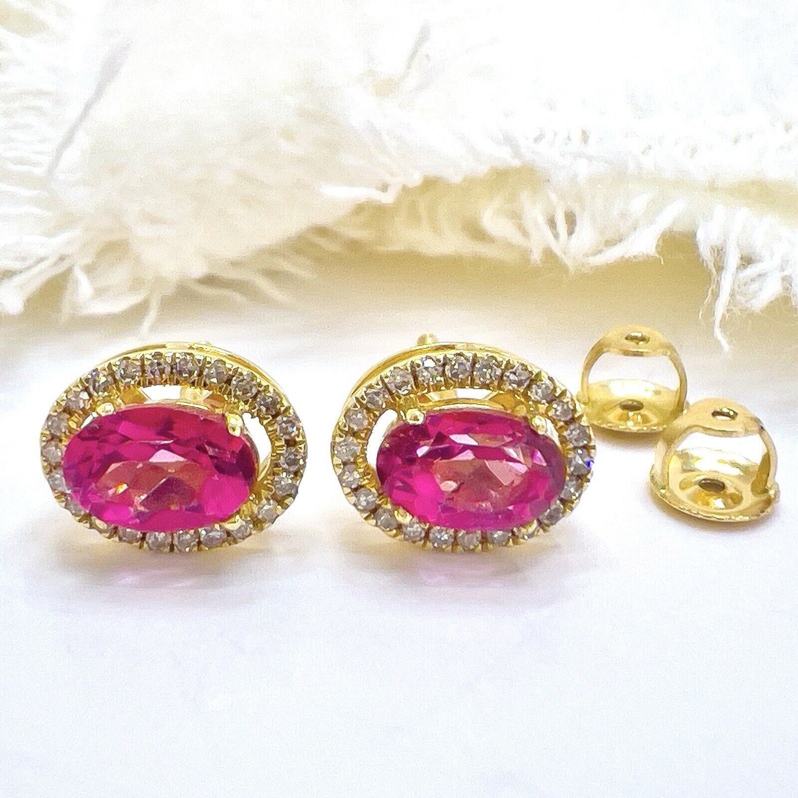 10k Yellow Gold Genuine Pink Topaz & Diamond Halo Stud Earrings, New
