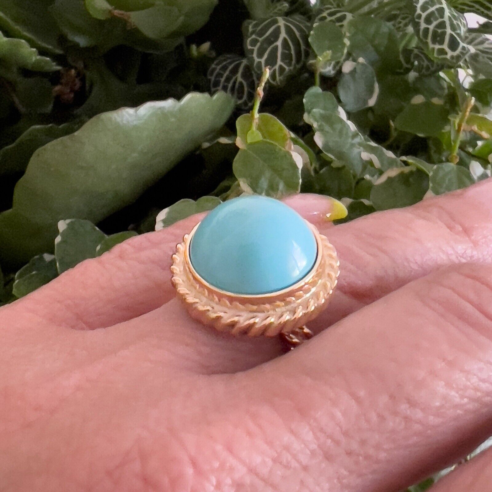 14k Yellow Gold Persian Turquoise (15mm) Handcrafted Ring, New, Size 6.75