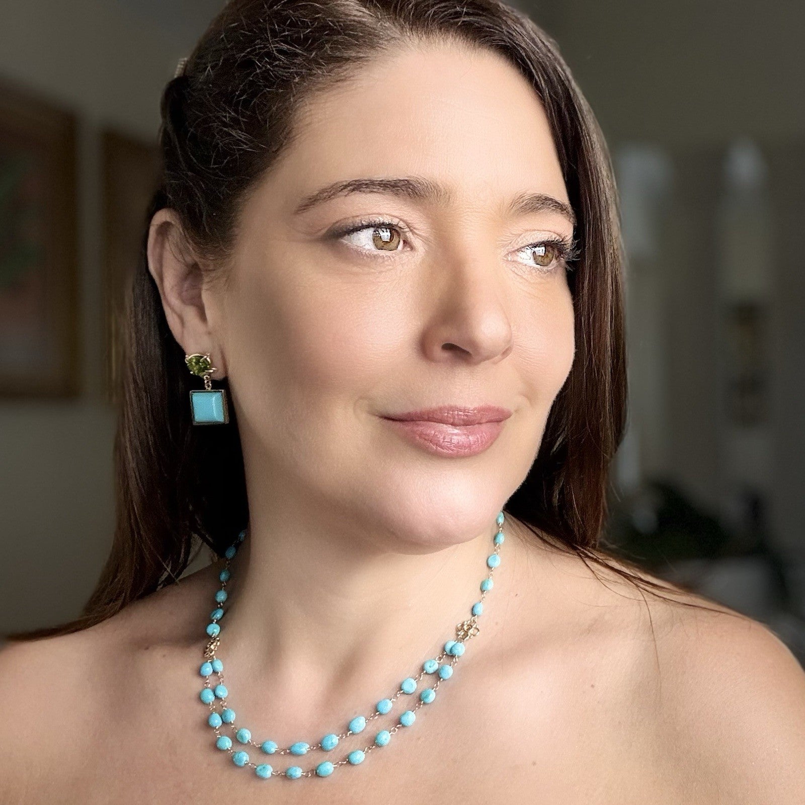 14k Yellow Gold Genuine Peridot & American Turquoise Statement Earrings, New