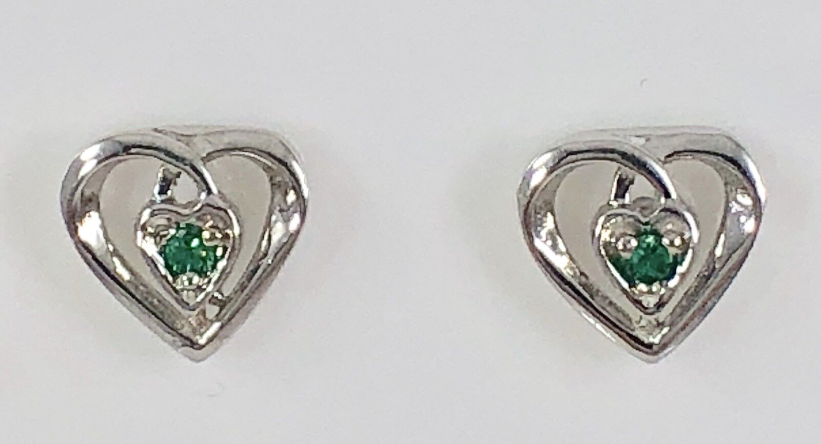 Genuine Emerald 14K White Gold Heart Stud Earrings, New