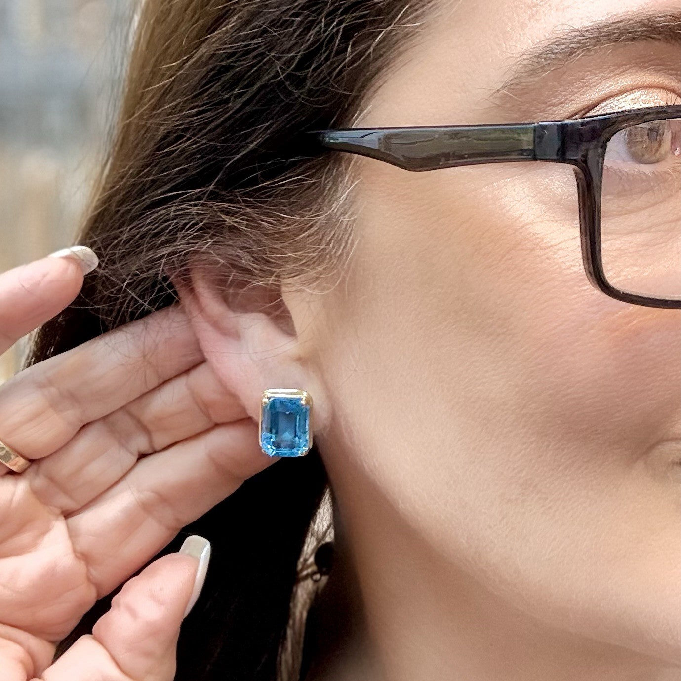 14k Yellow Gold Swiss Blue Topaz Omega Back Earrings, Preowned