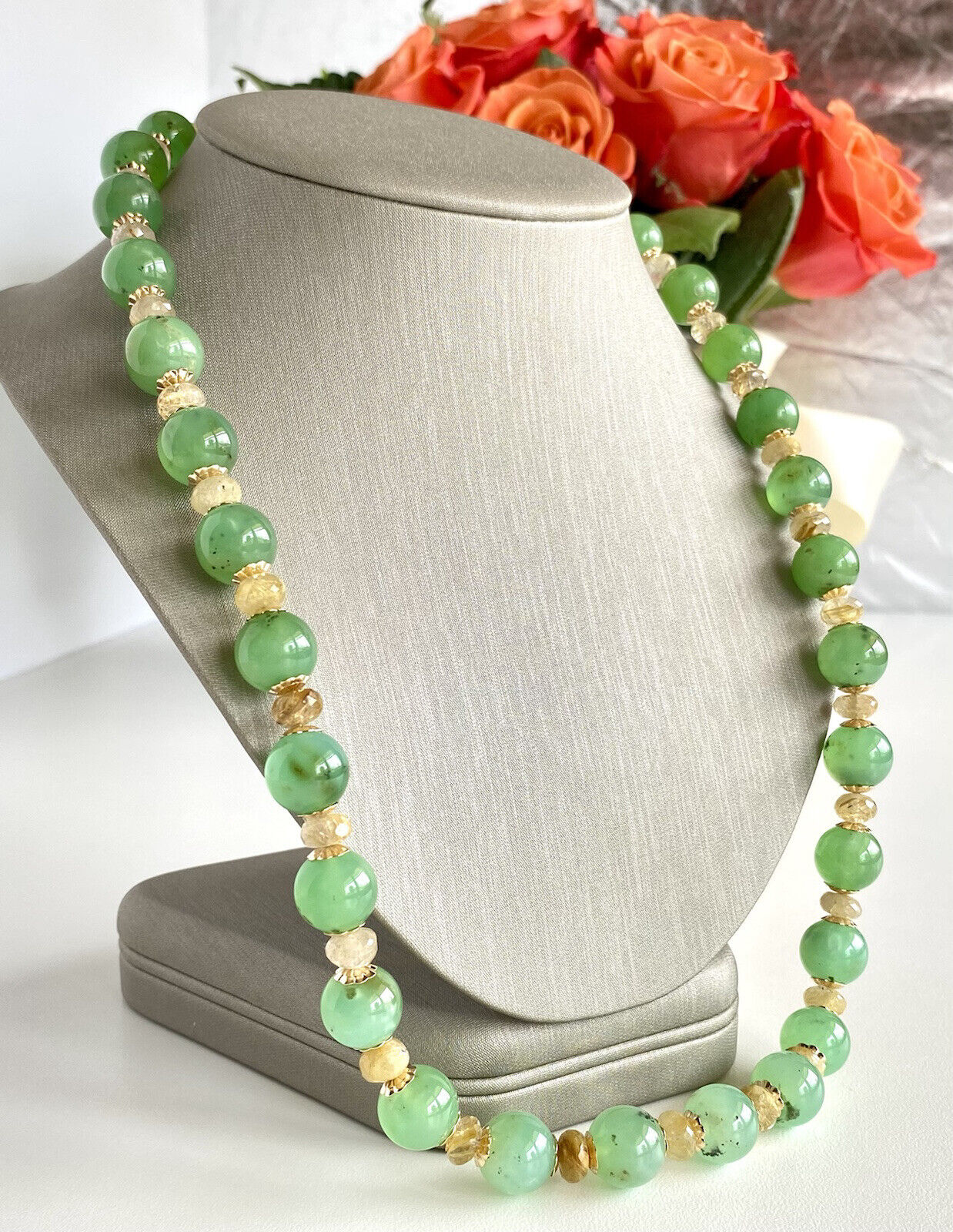 Natural Chrysoprase & Rutilated Quartz 14K GF Necklace, New, 24.75"