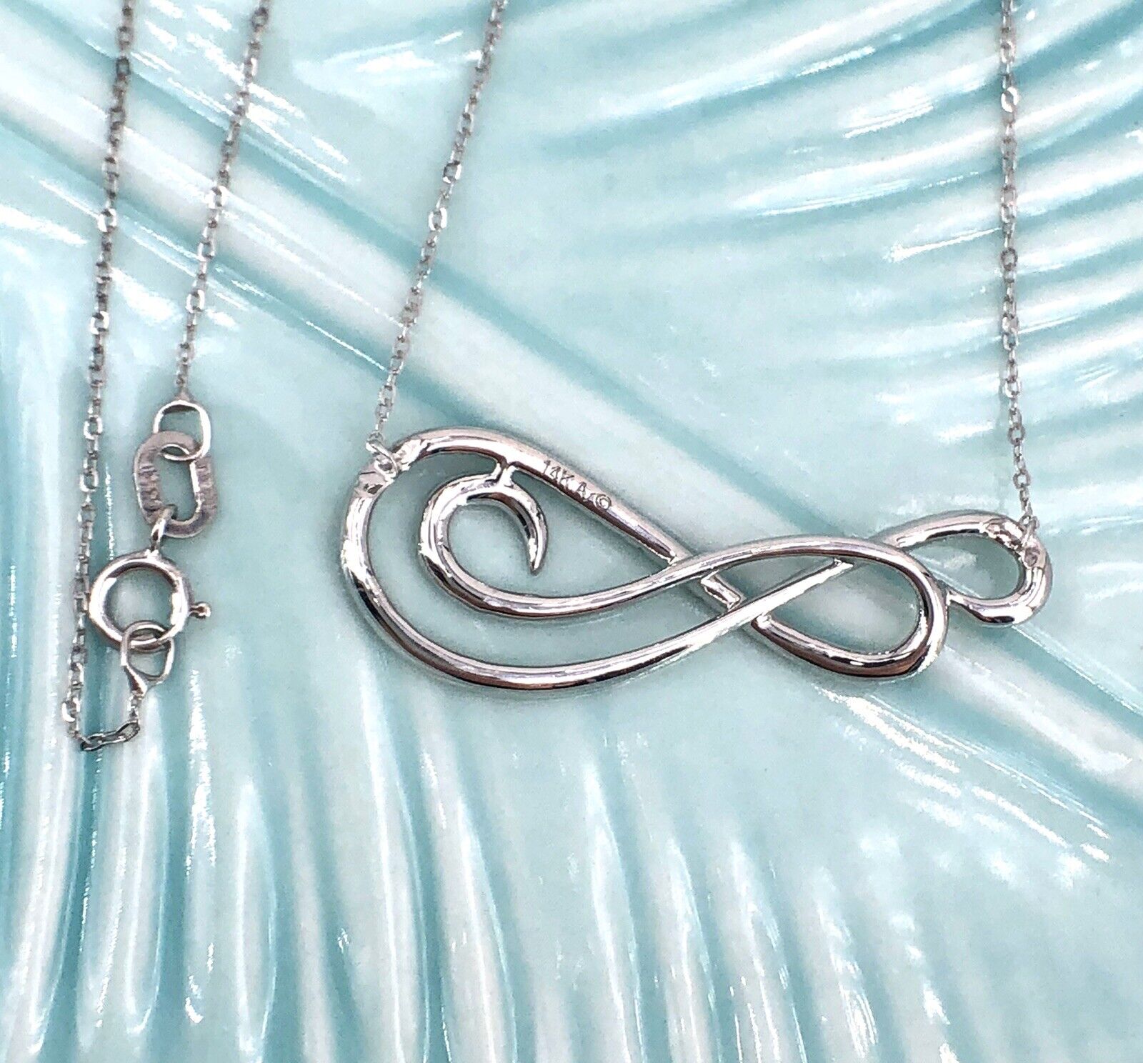 Gorgeous 14k White Gold & Diamond Swirl Design Necklace Chain, 17", New