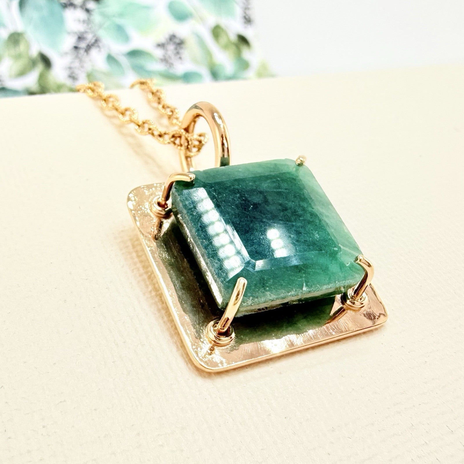 14k Yellow Gold Genuine Emerald Modernist Unisex Pendant, Newly Handcrafted