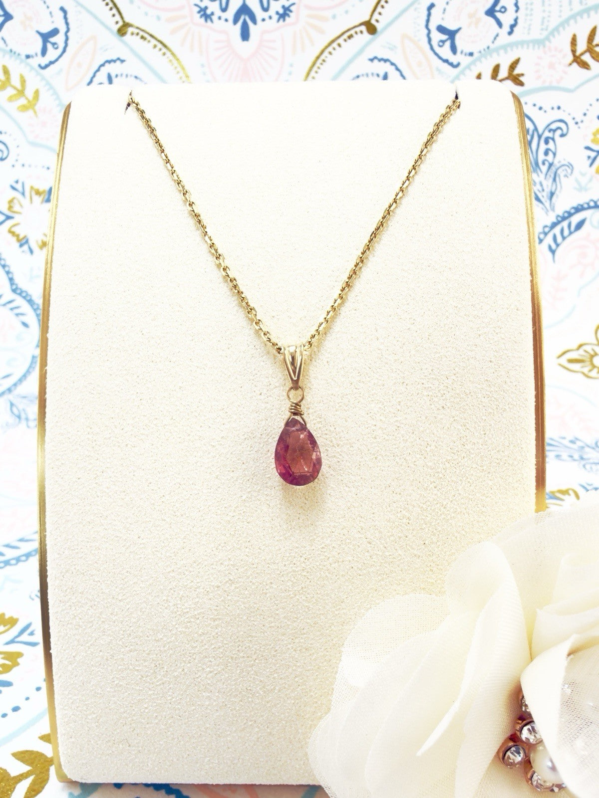 14k Yellow Gold Genuine Pink Tourmaline Drop Pendant, 0.75" New