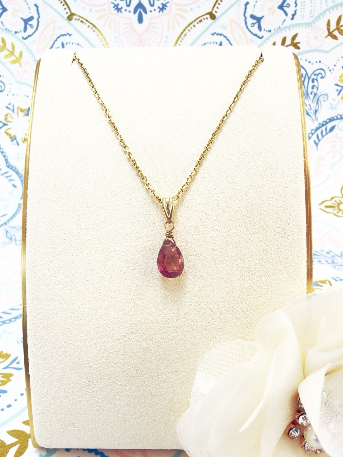 14k Yellow Gold Genuine Pink Tourmaline Drop Pendant, 0.75" New