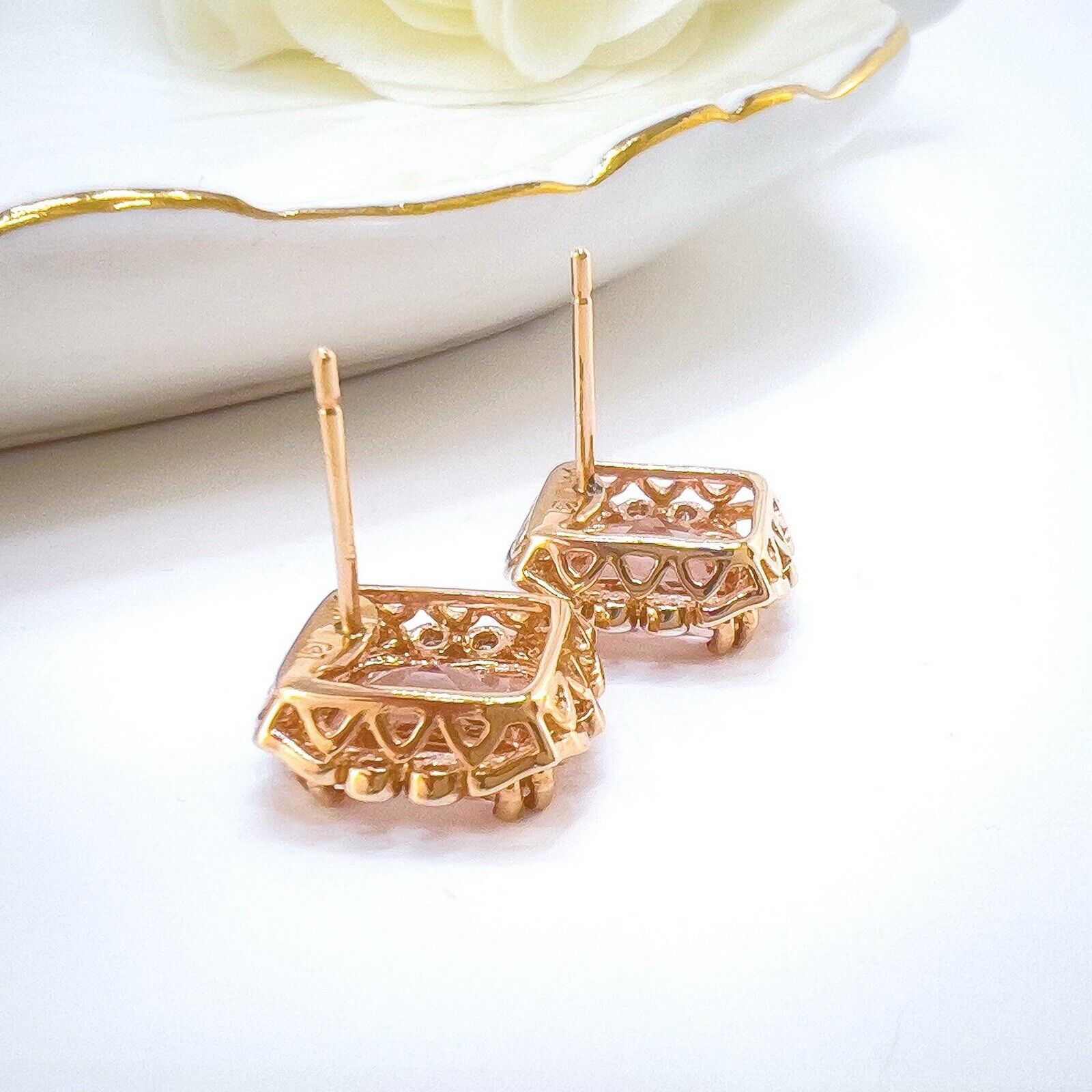 Vintage Style 14k Rose Gold Genuine Morganite & Diamond Stud Earrings, New