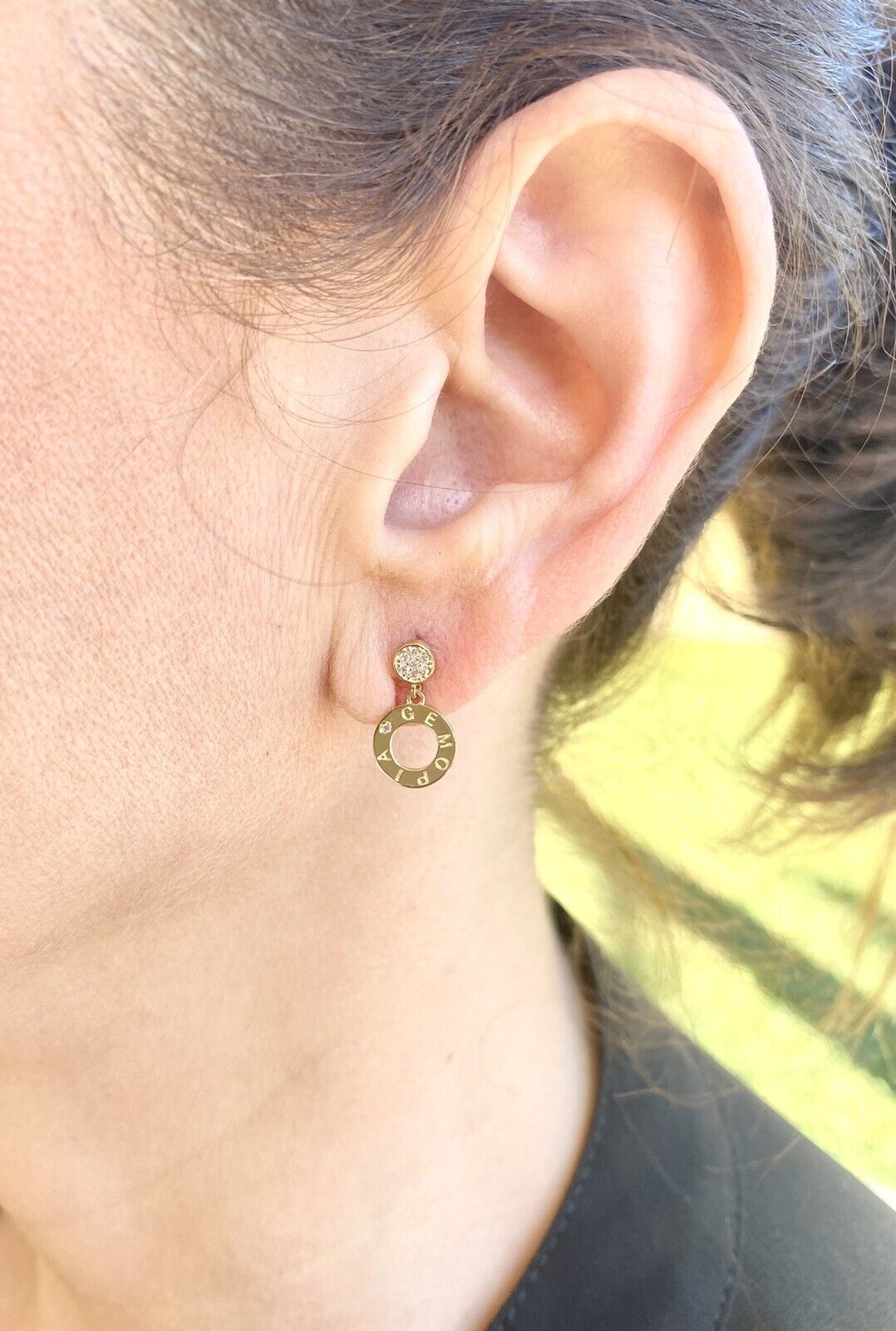 Solid 14K Yellow Gold & Cubic Zirconia Open Circle Dangle Earrings, New