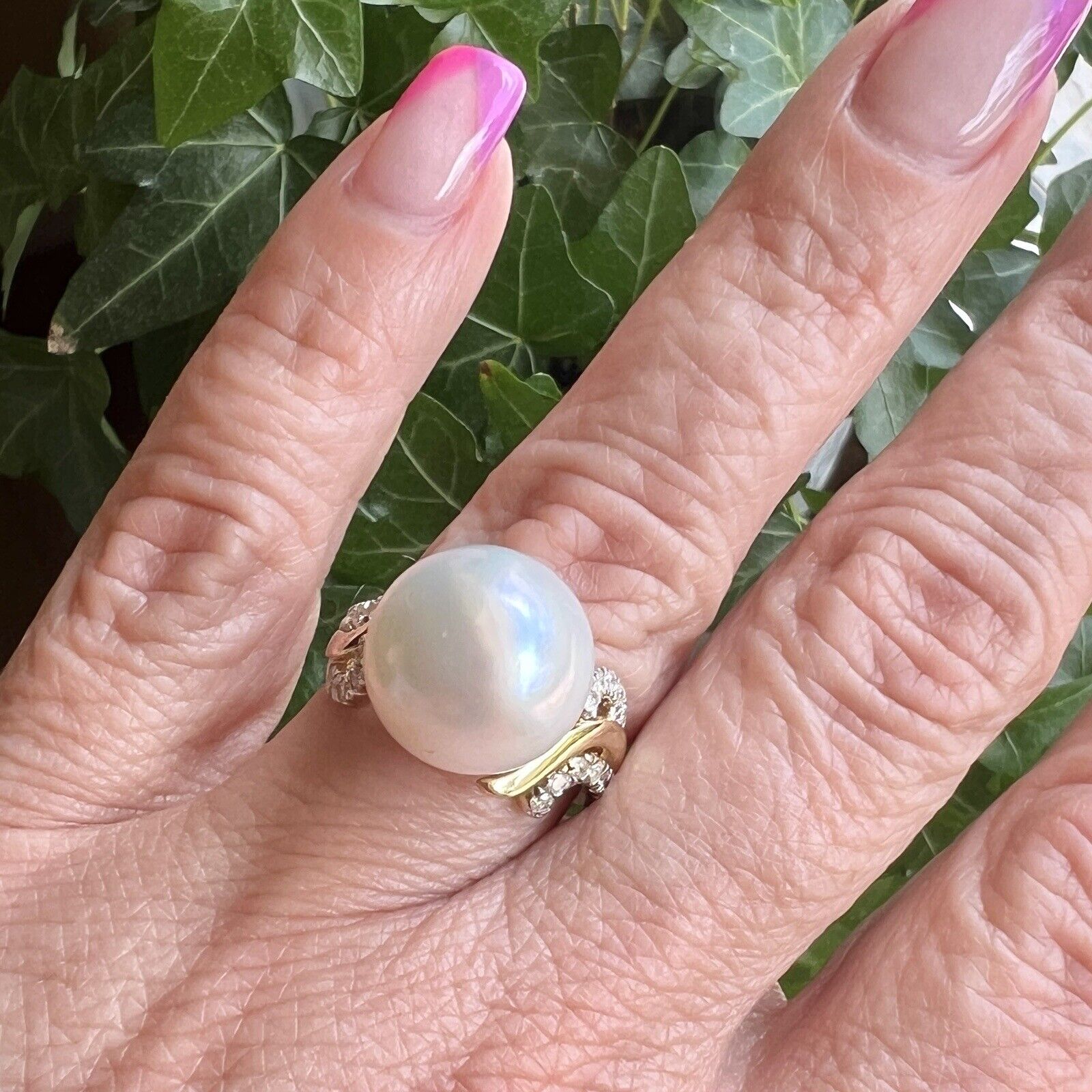 Solid 14k Yellow Gold Genuine 13.3mm Pearl & Diamond Ring, Size 7 New