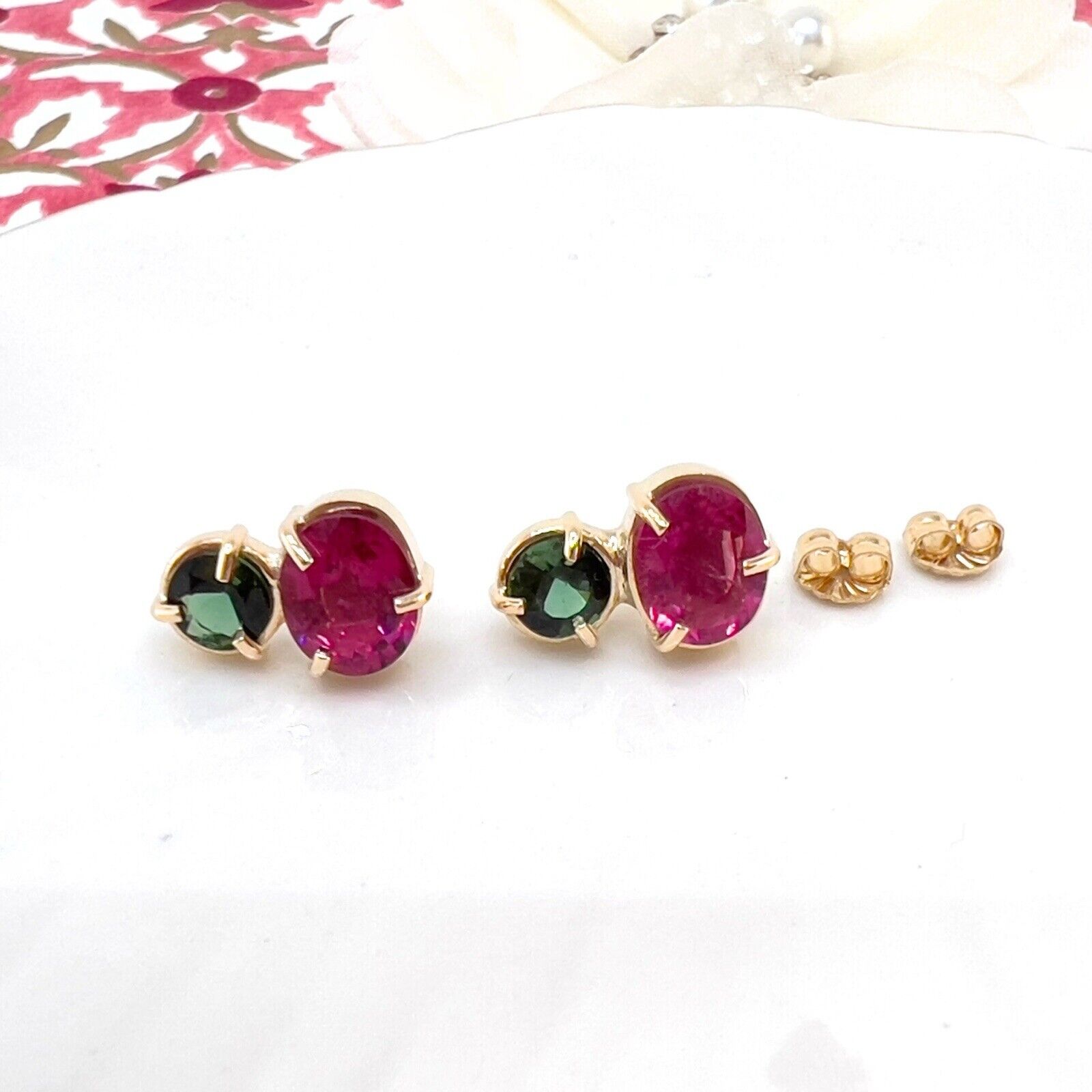 Handcrafted 14k Yellow Gold Genuine Pink & Green Tourmaline Stud Earrings, New