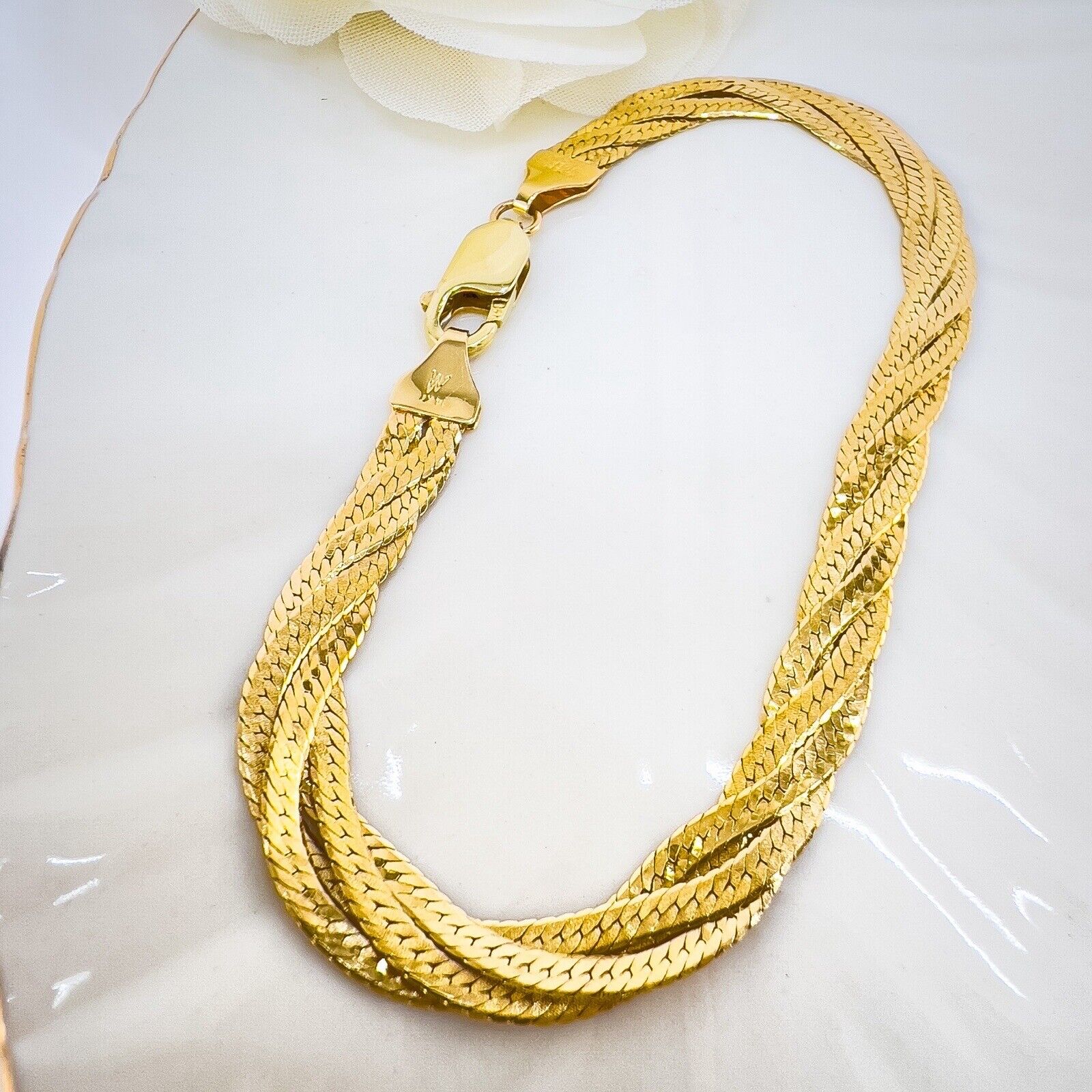 Solid 14k Yellow Gold Herringbone Flat Braided Bracelet, Italy 7.25"