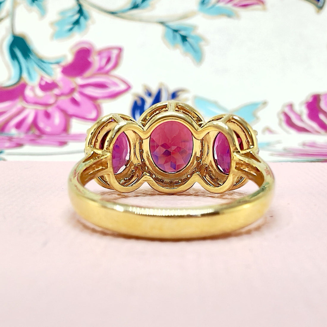 10K Yellow Gold Genuine Rhodolite Garnet & Diamond Three Stone Ring, Sz 6.5, New