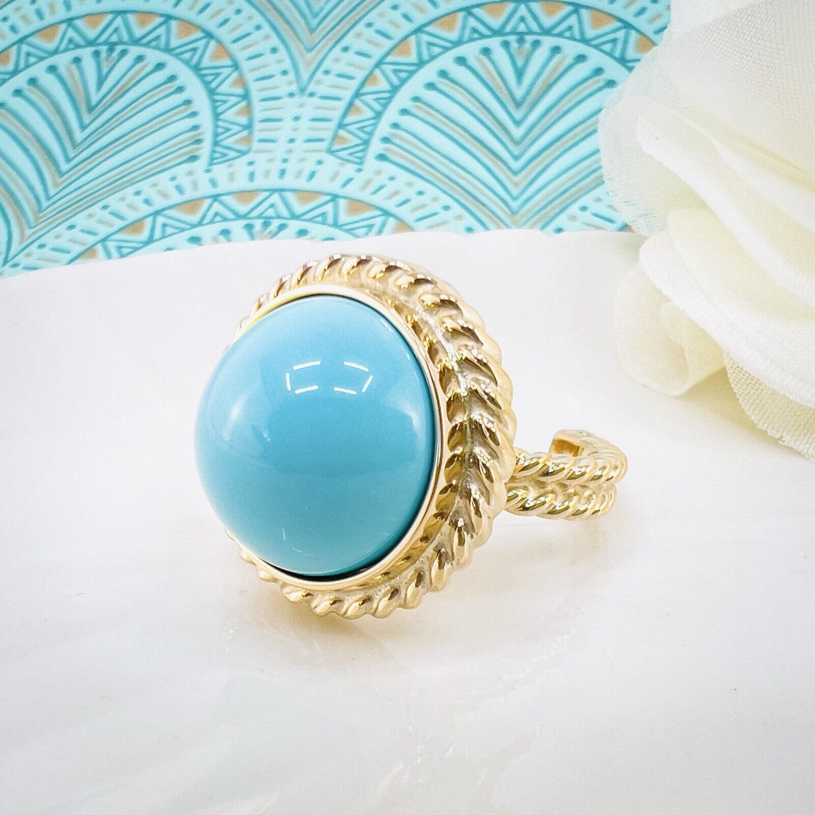 14k Yellow Gold Persian Turquoise (15mm) Handcrafted Ring, New, Size 6.75