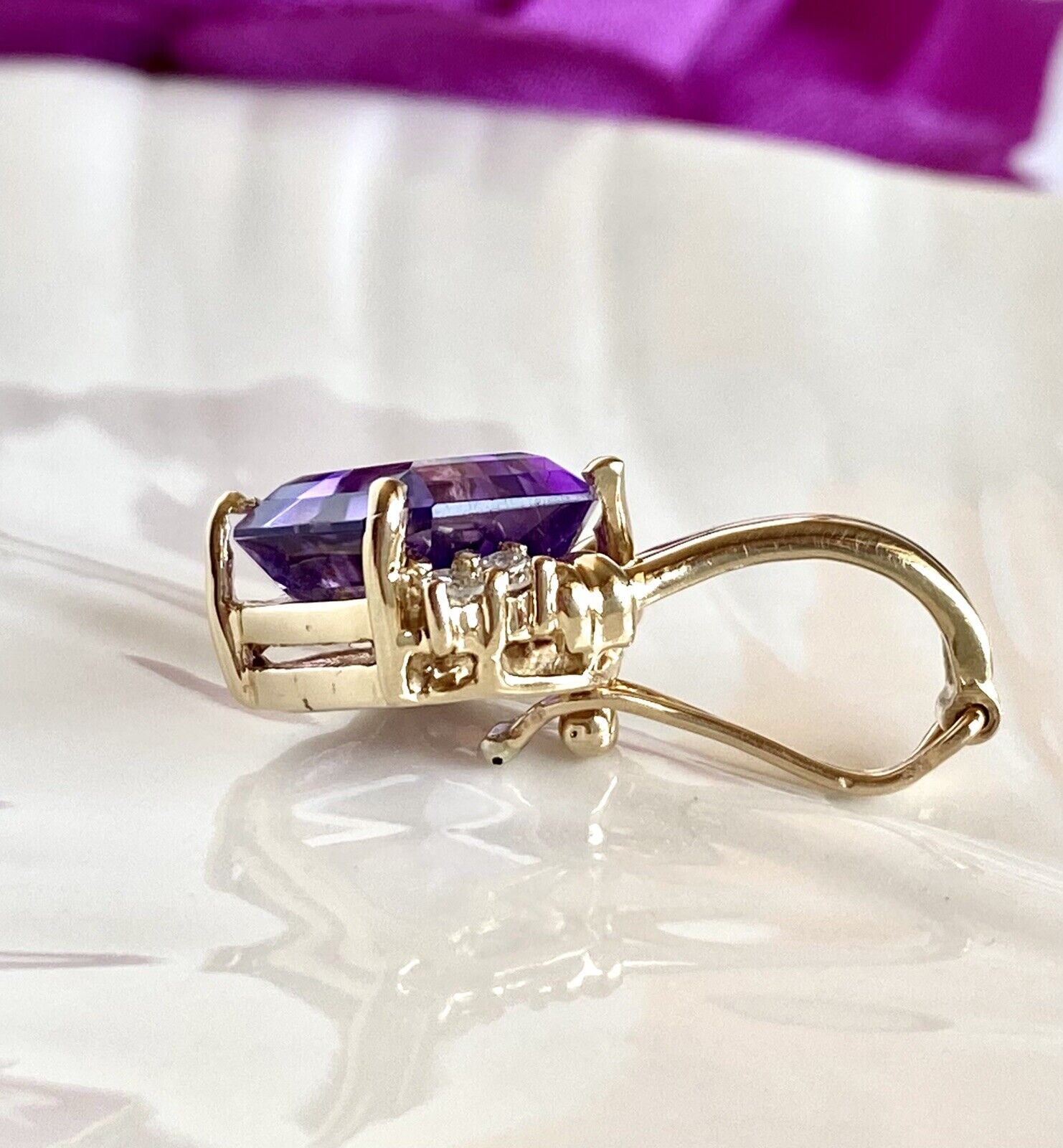 Vintage 14k Yellow Gold, Amethyst (5.12ct) & Diamond Enhancer/Pendant, New