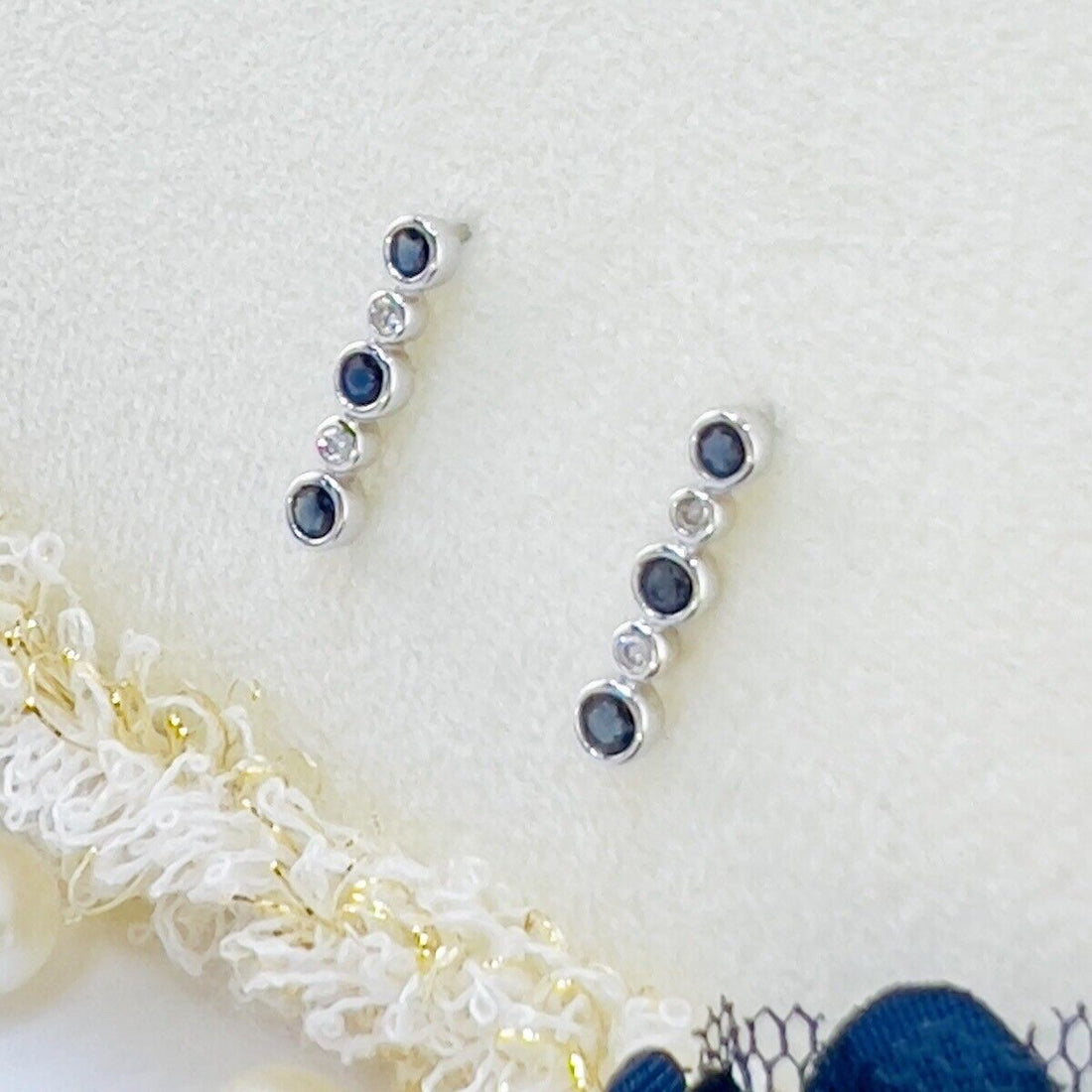 Solid 14k White Gold Genuine Sapphire & Diamond Stud Earrings, New