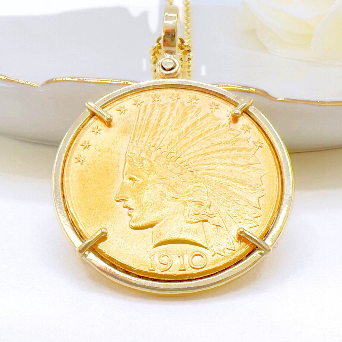 Genuine 1910 US Indian Head 10 Dollar Eagle Gold Coin With 14k Pendant Frame