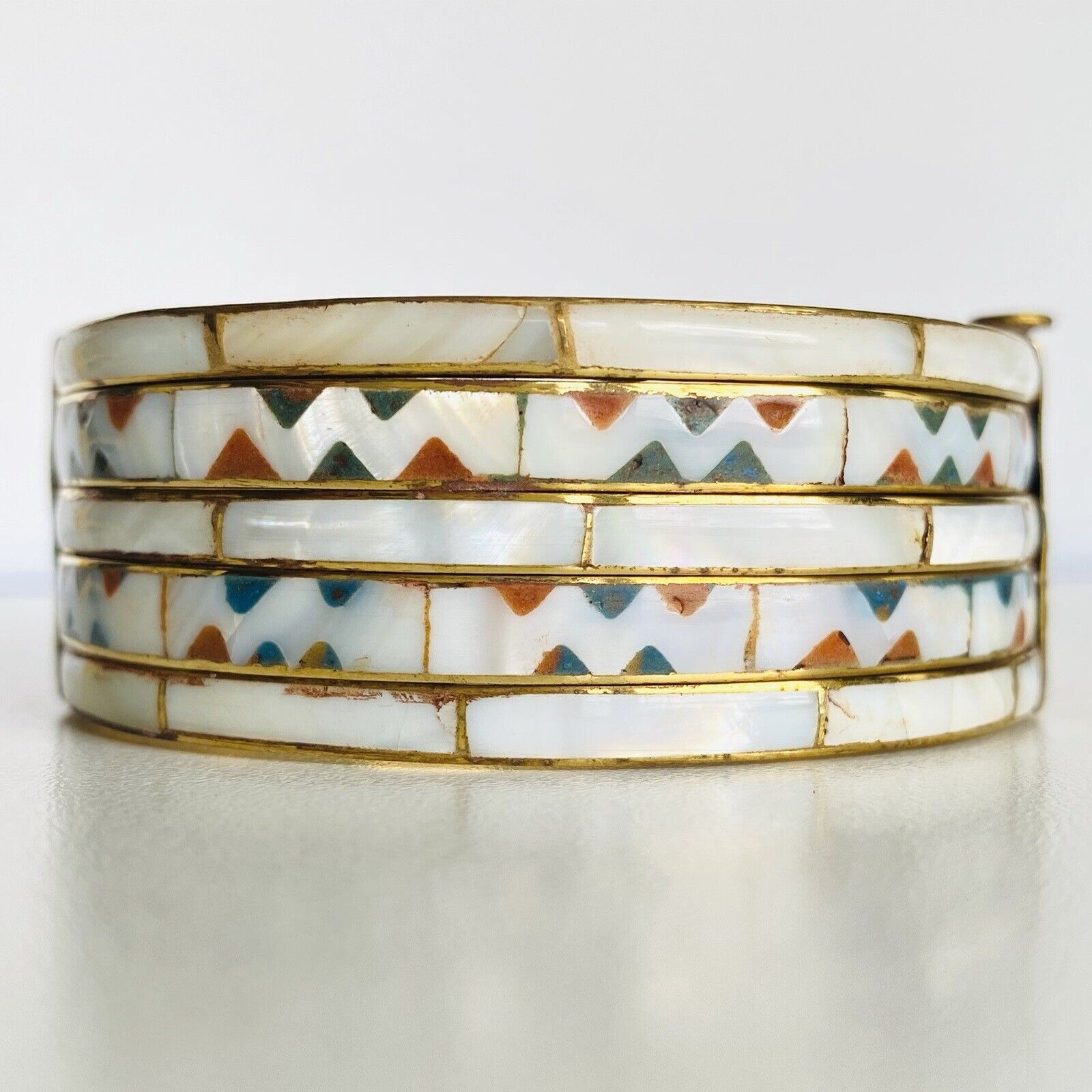 Vintage Mother of Pearl Inlay & Enamel Bohemian Bangle Bracelet, New