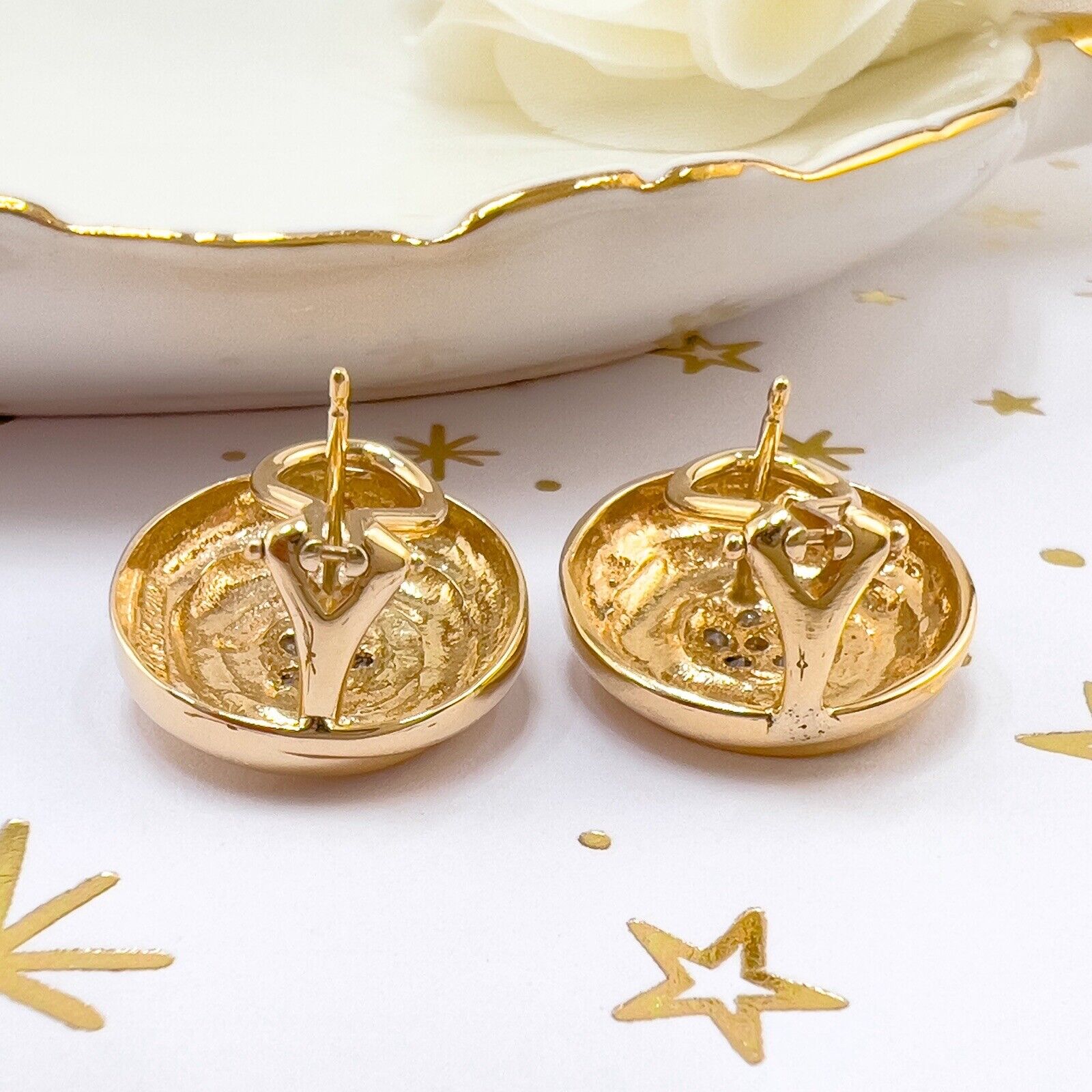 14k Yellow Gold Diamond Swirl "Button" Post & Omega Clip Earrings