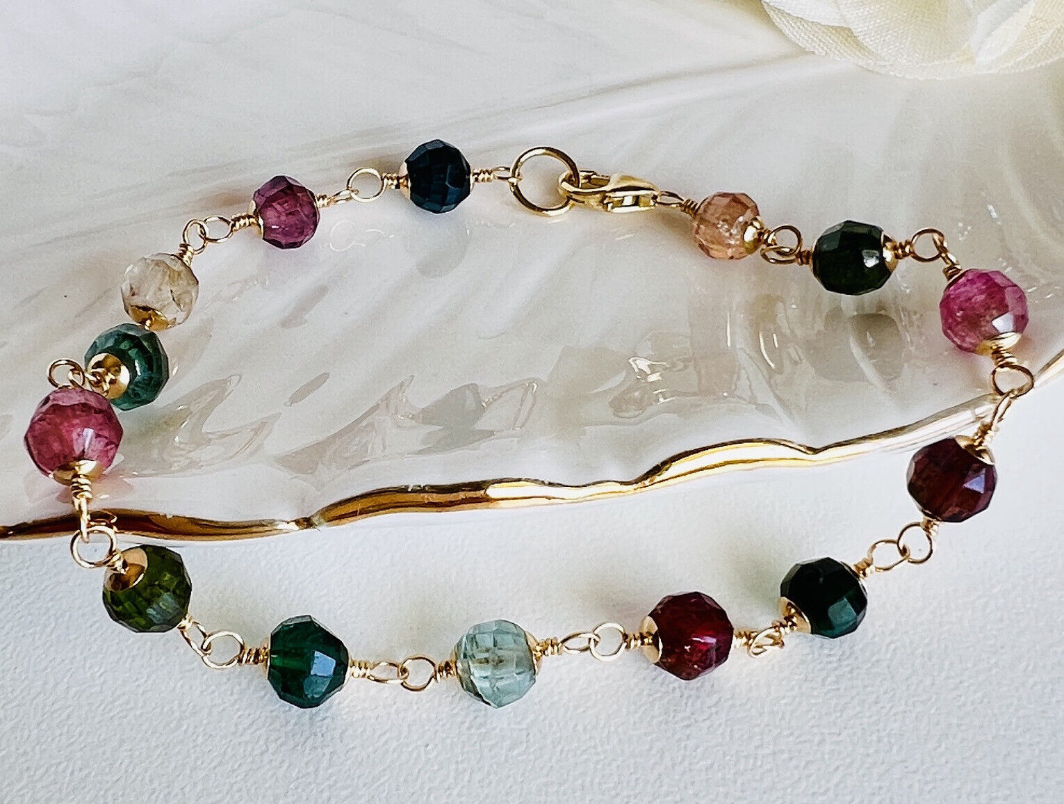 Solid 14k Yellow Gold Genuine Tourmaline Wire-Wrapped Beaded Bracelet, New 7.75”