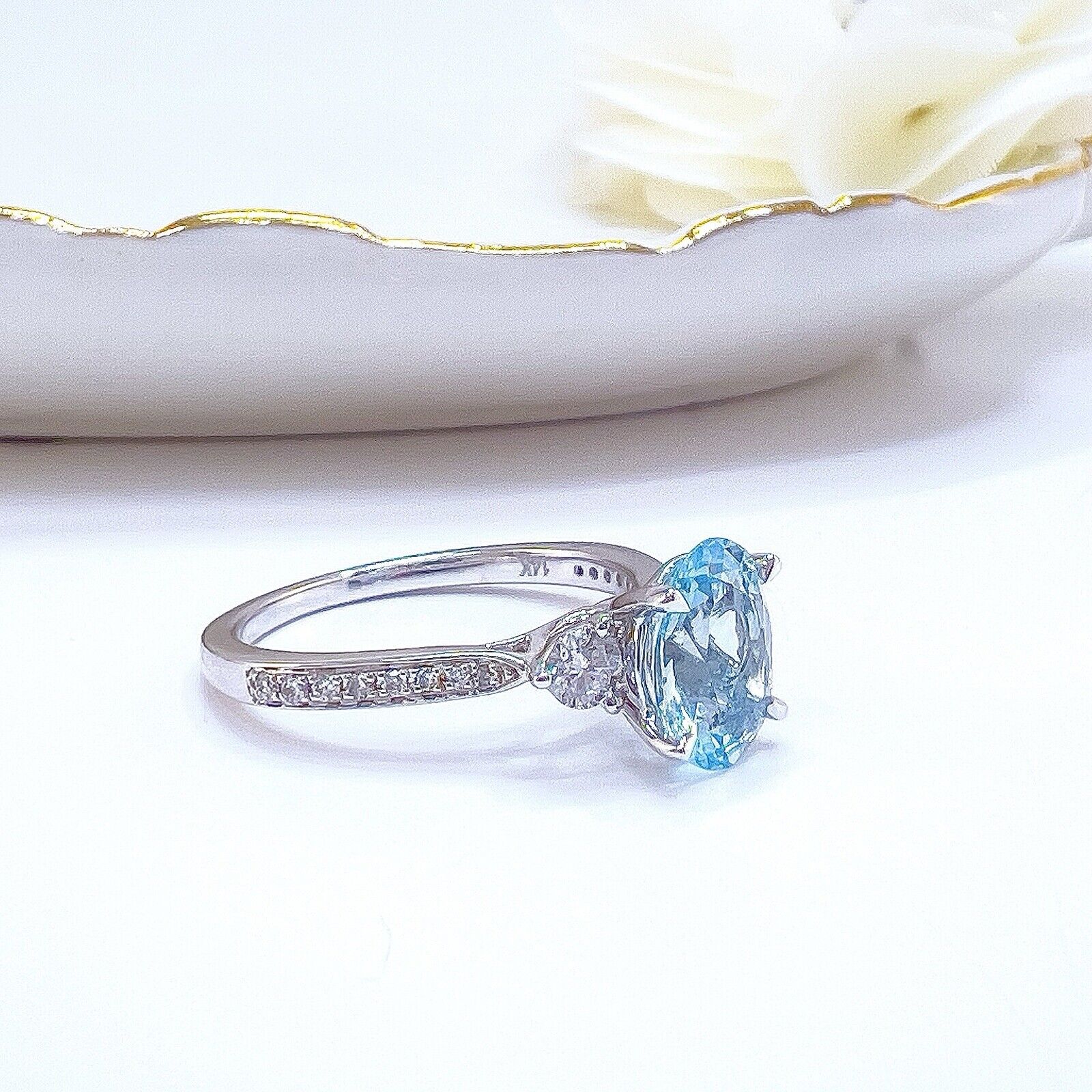 14k White Gold Genuine Aquamarine & Diamond Ring, New Size 7