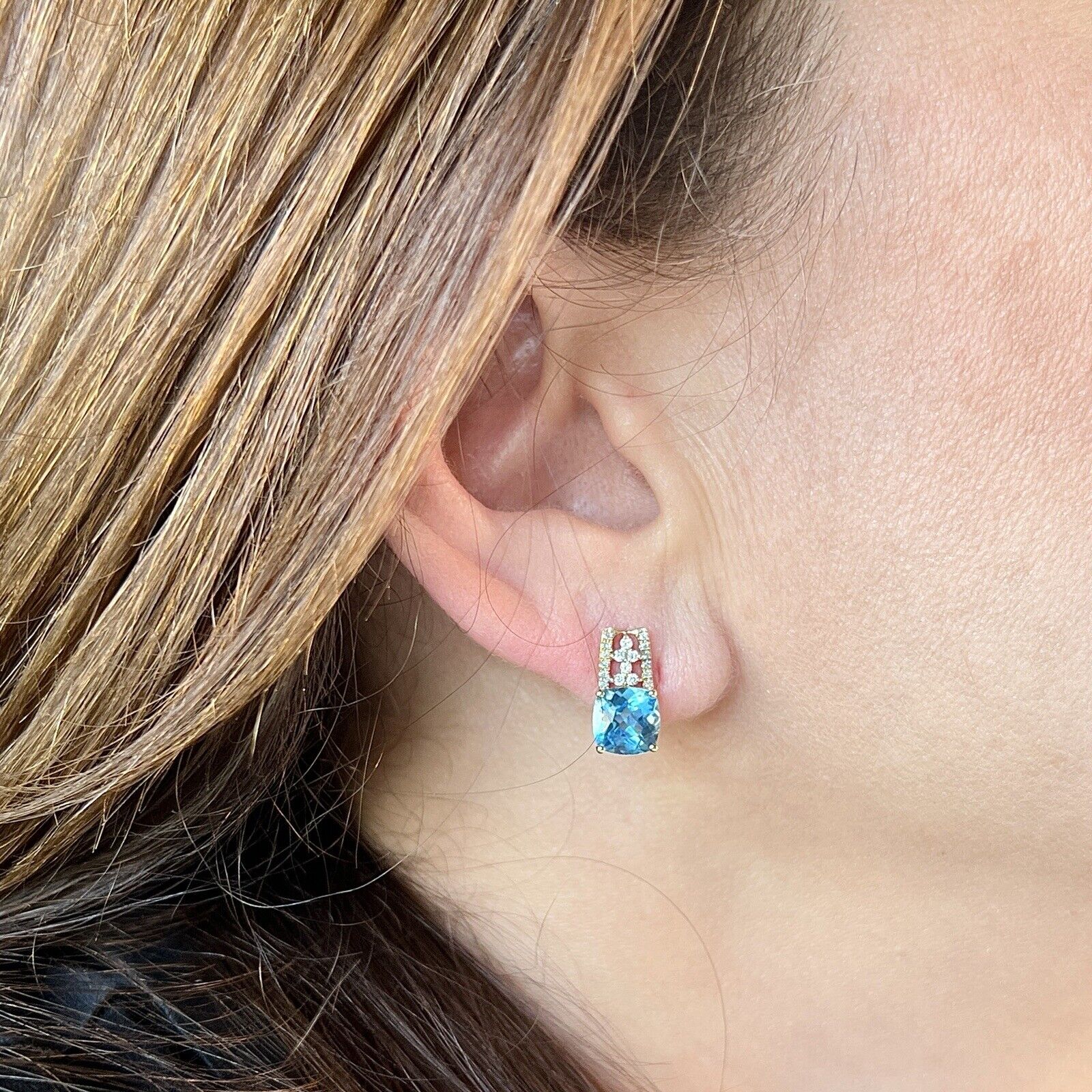 Solid 10k Yellow Gold Genuine Blue Topaz & Diamond Stud Earrings, New