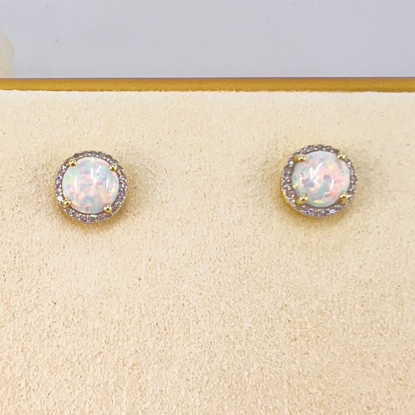 Solid 10k Yellow Gold Lab-Created Opals & Genuine Diamond Stud Earrings, New