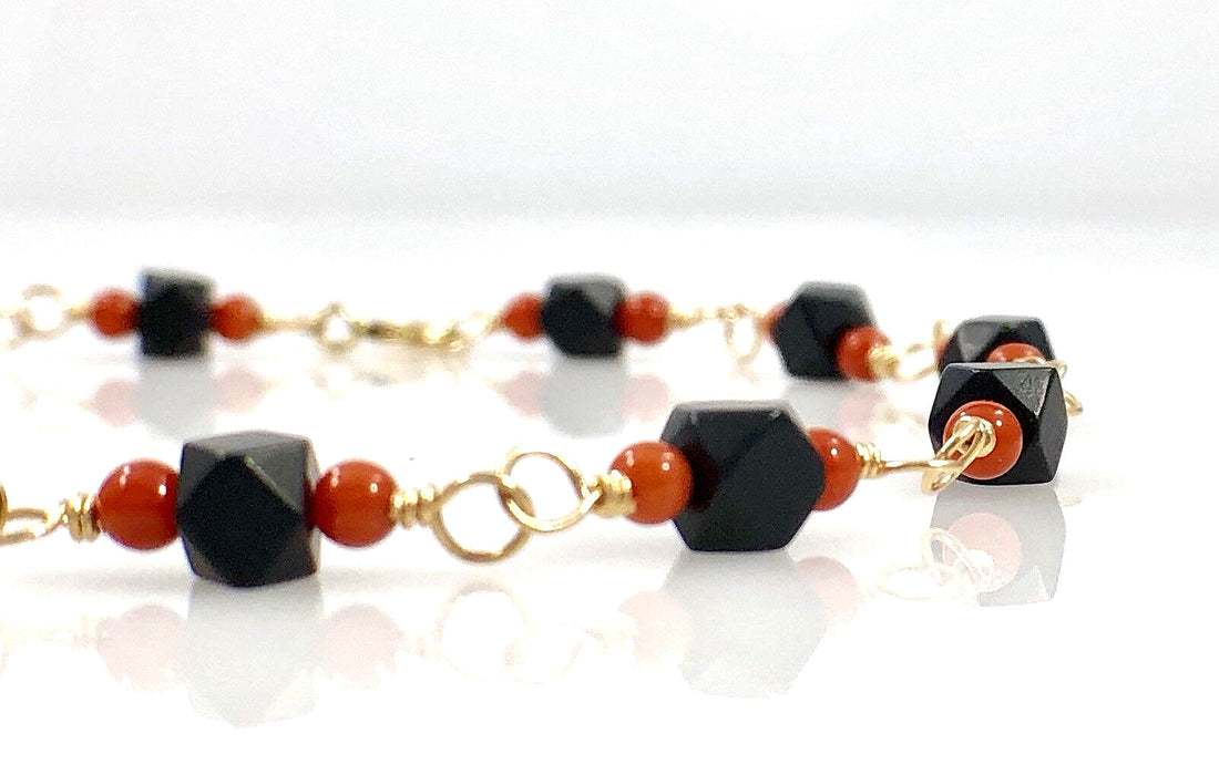 Genuine Azabache & Coral Solid 14K Gold Bracelet, 7.25" Oro 14k Pulsera