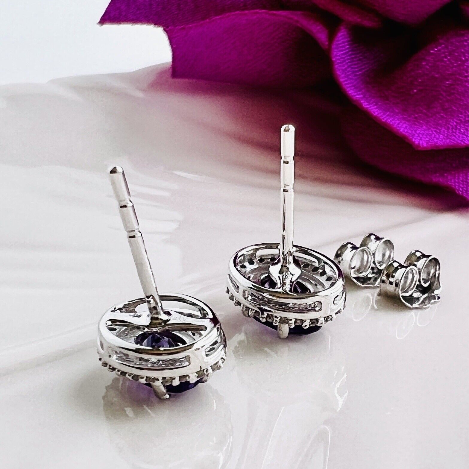 Solid 10k White Gold Genuine Amethyst & Diamond Halo Oval Stud Earrings, New