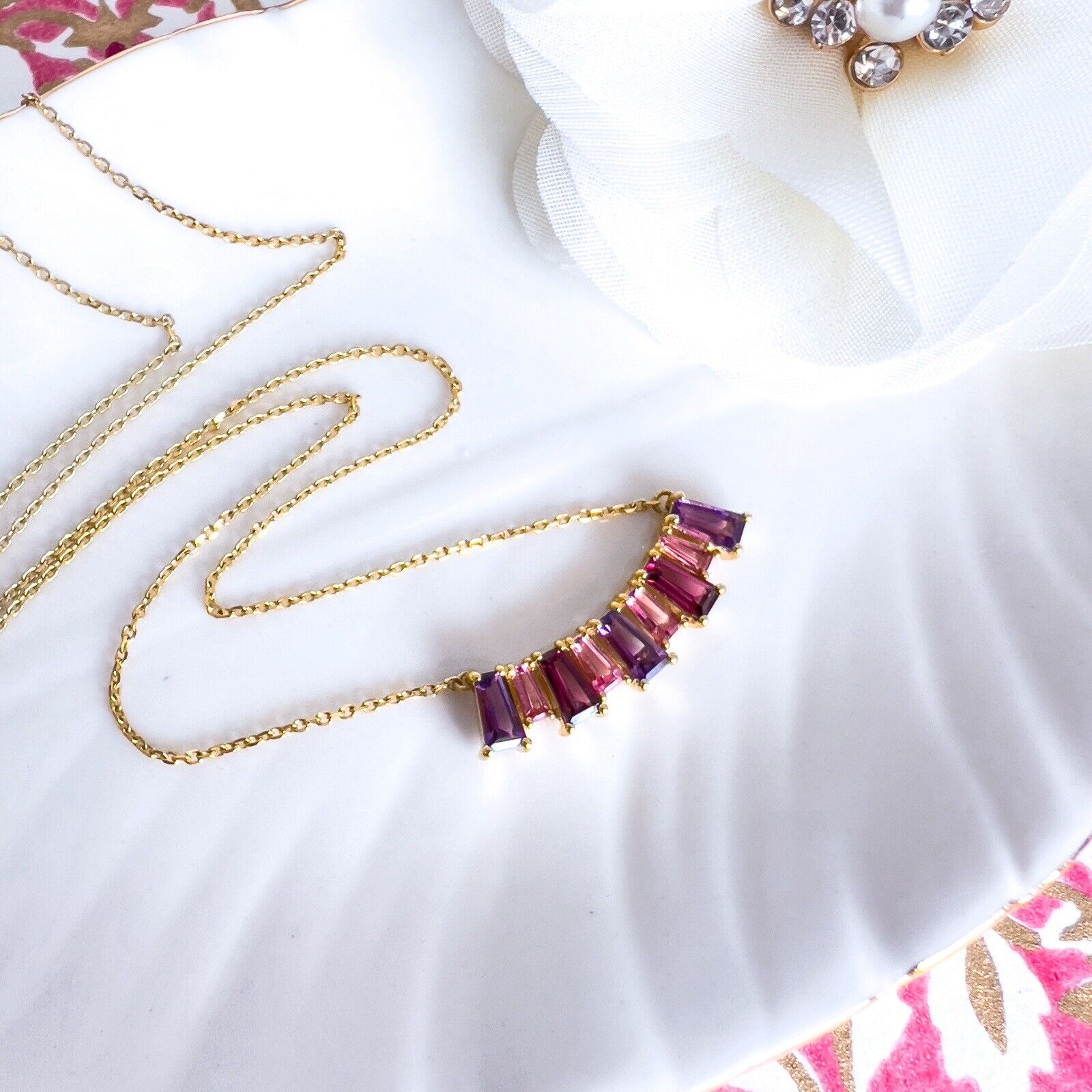 10k Yellow Gold Genuine Garnet & Amethyst Pendant Necklace, Adj. 16-18" New