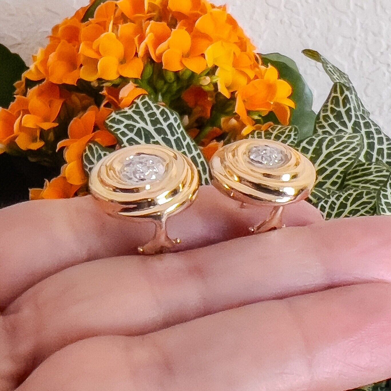 14k Yellow Gold Diamond Swirl "Button" Post & Omega Clip Earrings