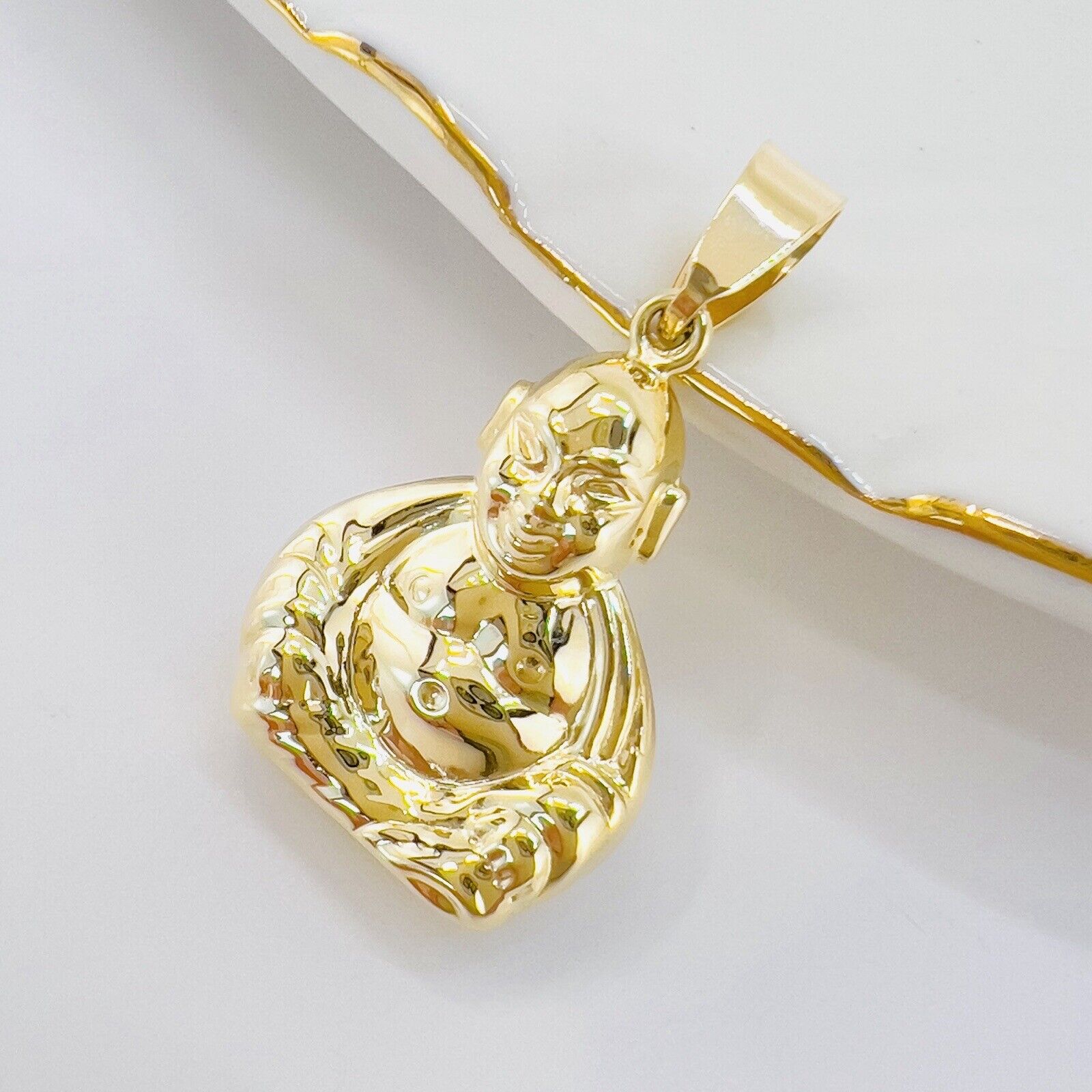 14k Yellow Gold Puffy 3-D Buddha Pendant, New, 1.20"