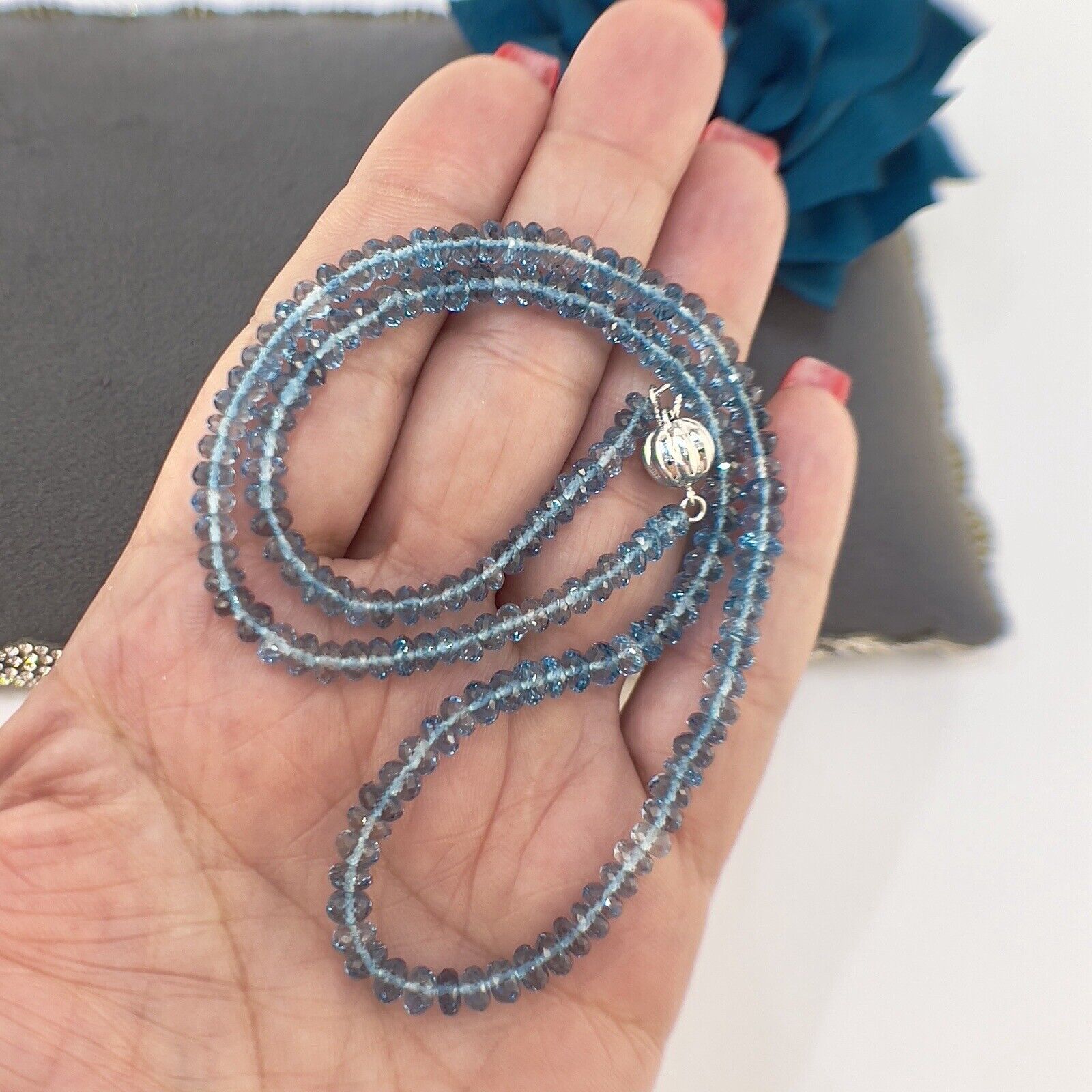 Solid 14k White Gold Genuine London Blue Topaz Necklace, New 17.25”