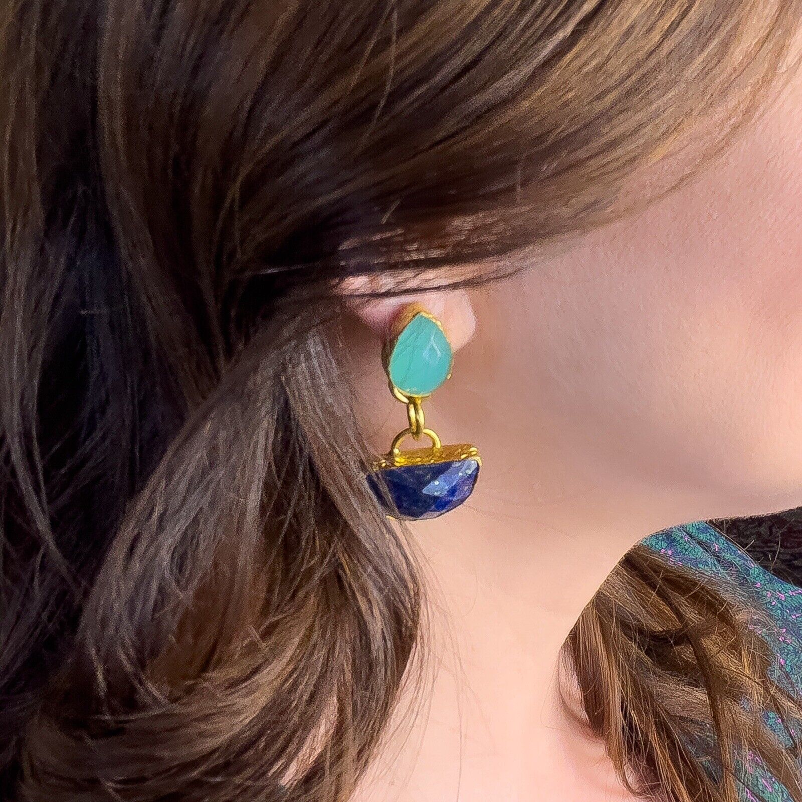 Etruscan Revival Genuine Green Chalcedony & Lapis Lazuli GP Dangle/Drop Earrings