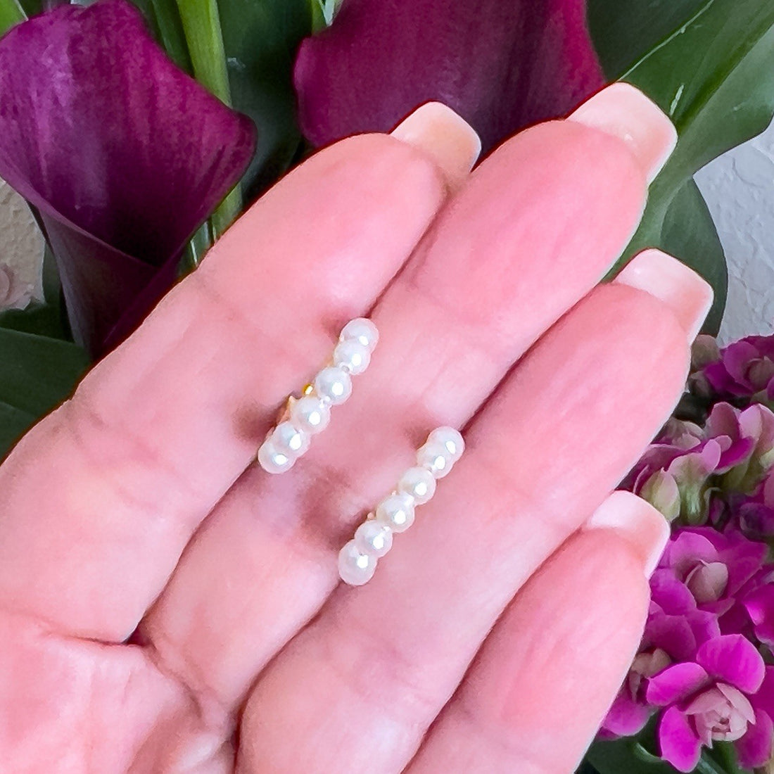 14k Yellow Gold Genuine Pearl Hoop Earrings, New