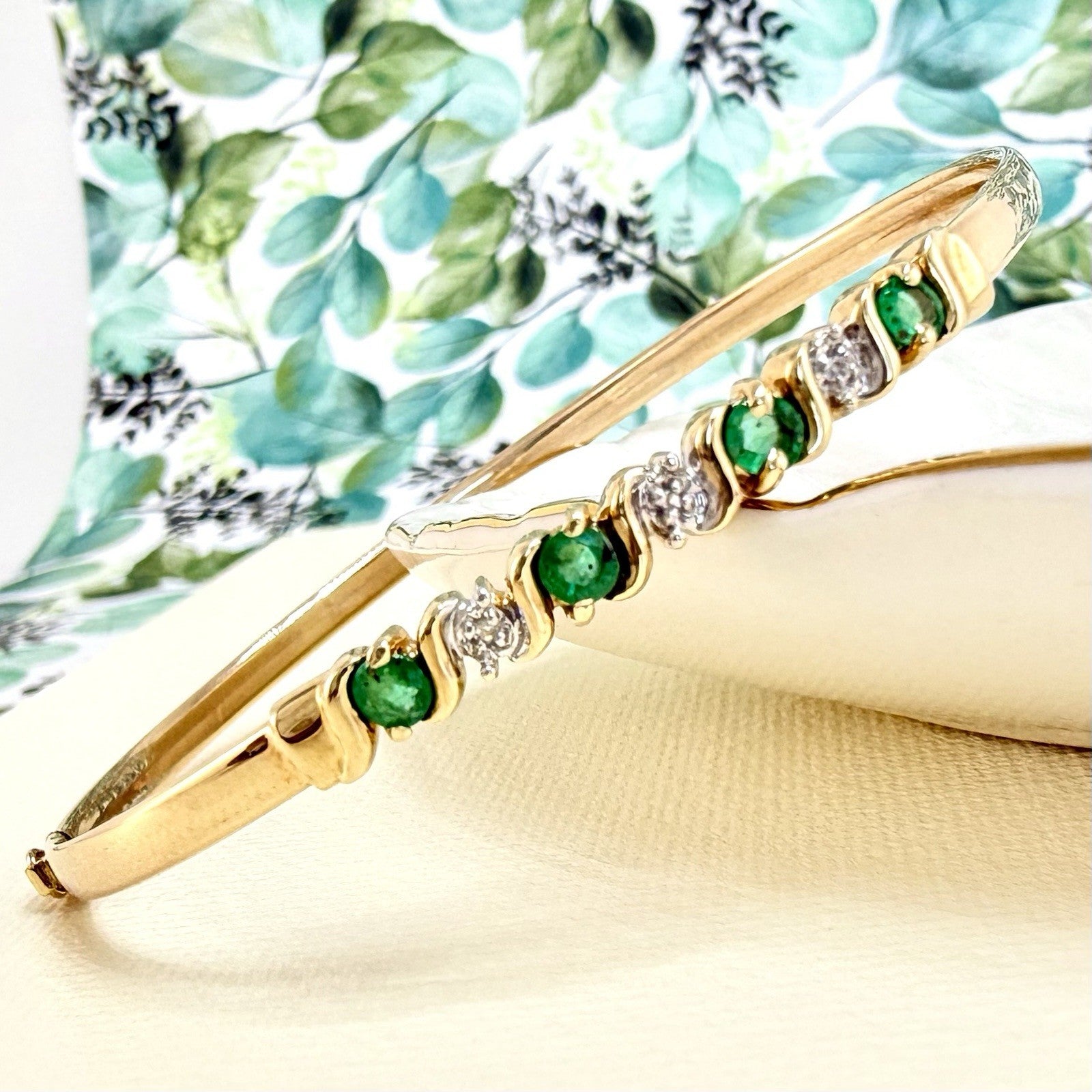 10k Yellow Gold Genuine Emerald & Diamond Bangle Bracelet, Preowned