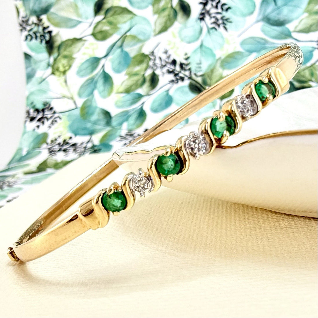10k Yellow Gold Genuine Emerald & Diamond Bangle Bracelet, Preowned