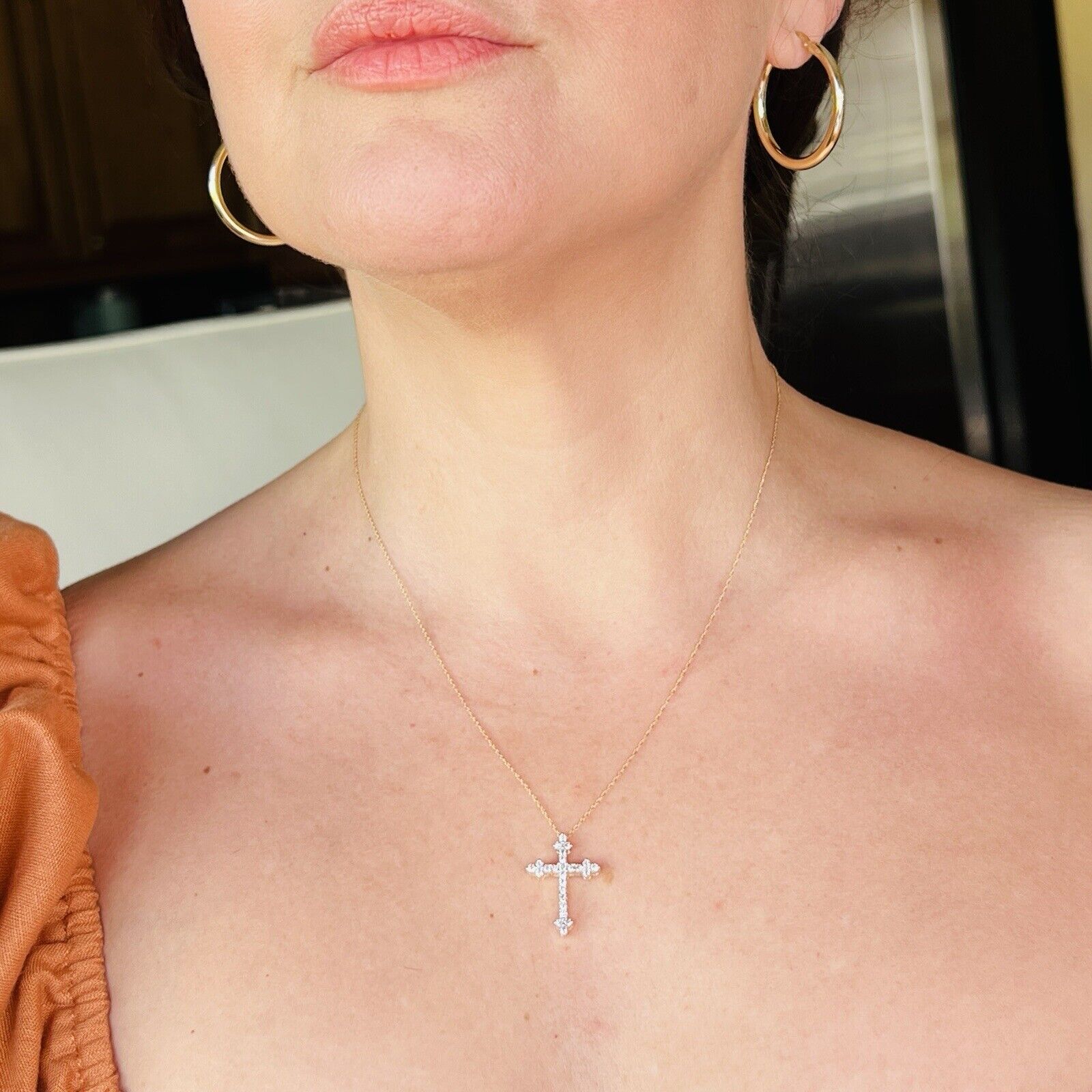 Solid 10k Yellow Gold Genuine Diamond Cross Pendant Necklace 18", New