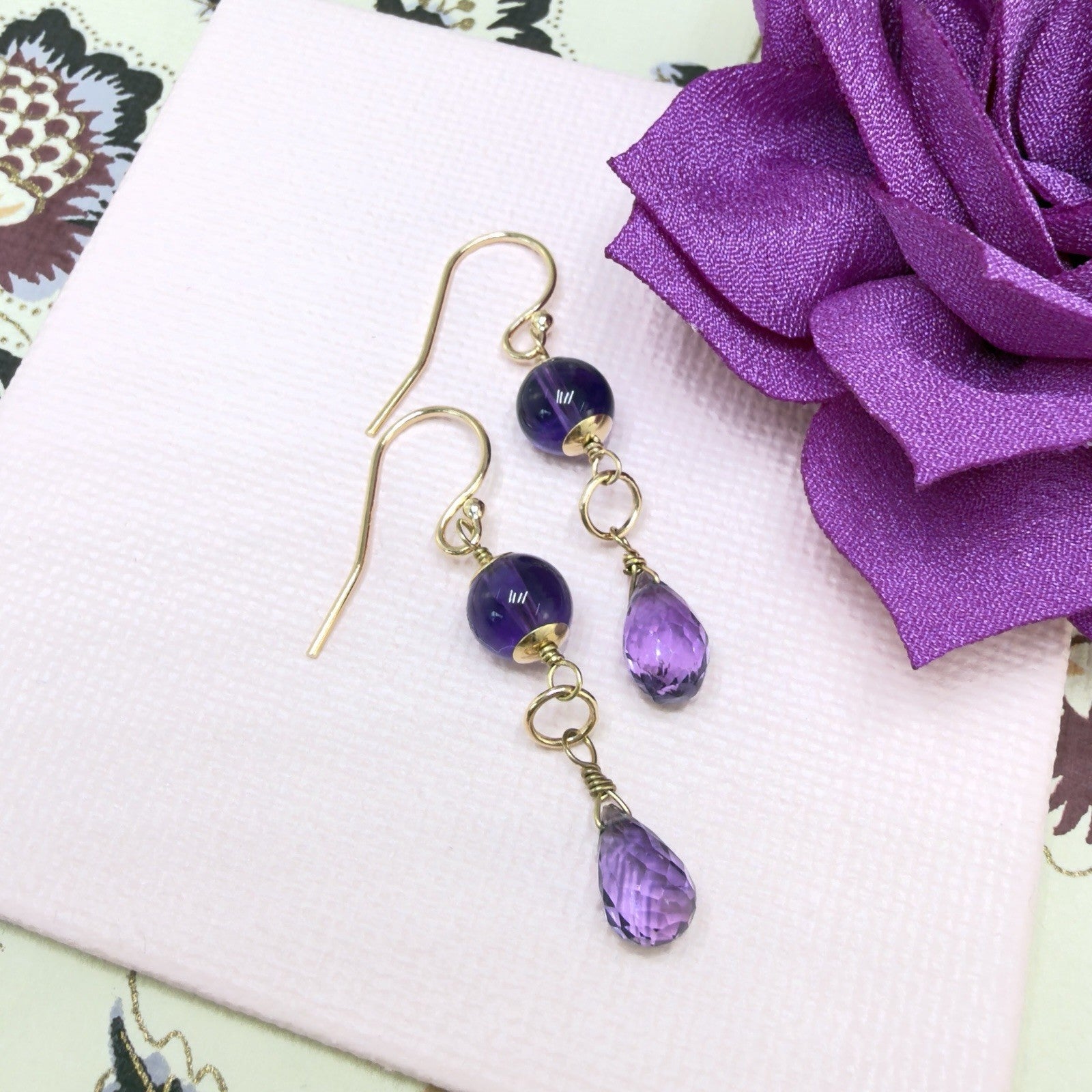 14k Yellow Gold Genuine Amethyst Drop/Dangle Earrings, Newly Handcrafted, 1.5"