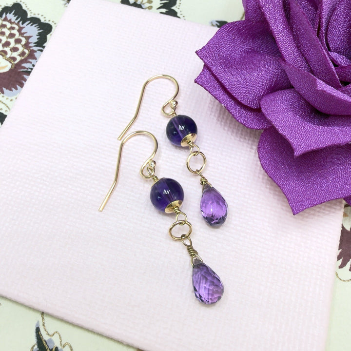 14k Yellow Gold Genuine Amethyst Drop/Dangle Earrings, Newly Handcrafted, 1.5"